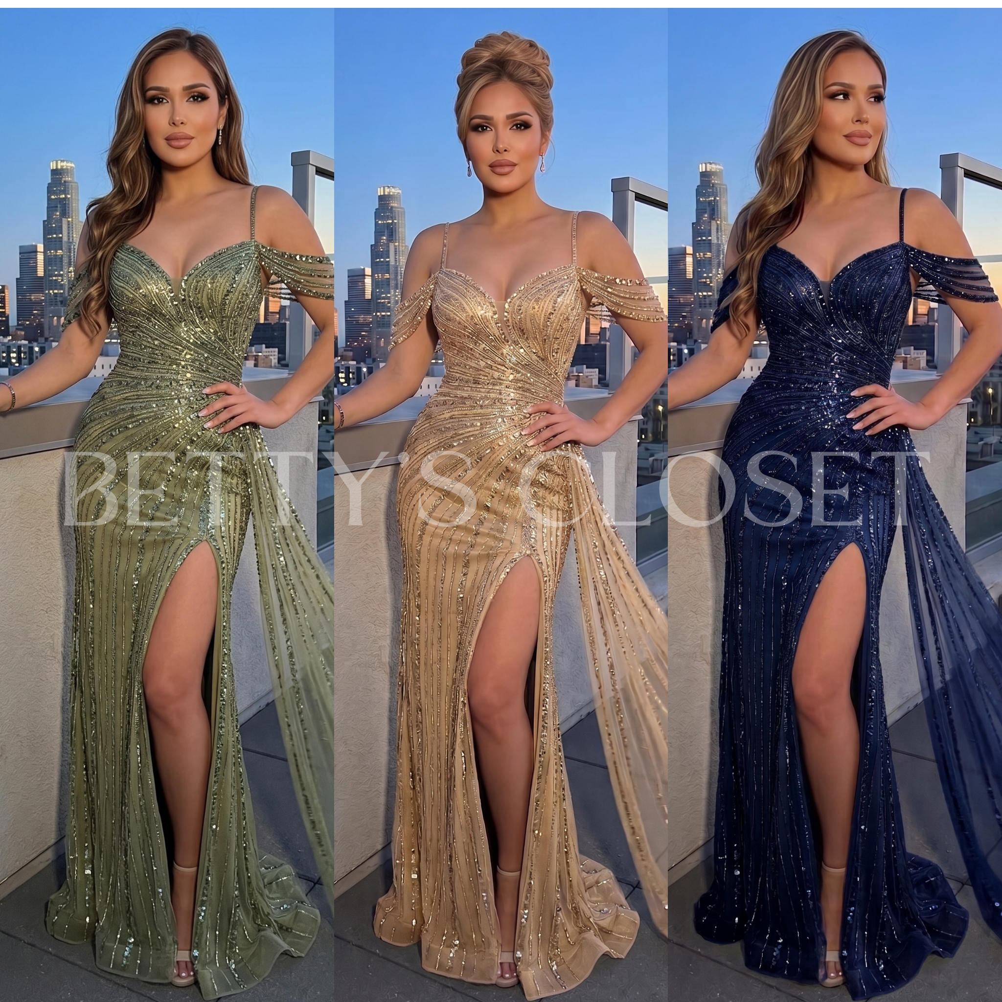 Yvonne Hand Beaded Cold Shoulder Gown w/ Detachable Train