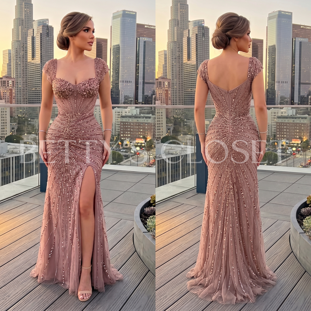 Edith Short Sleeve Beaded Side Slit Gown