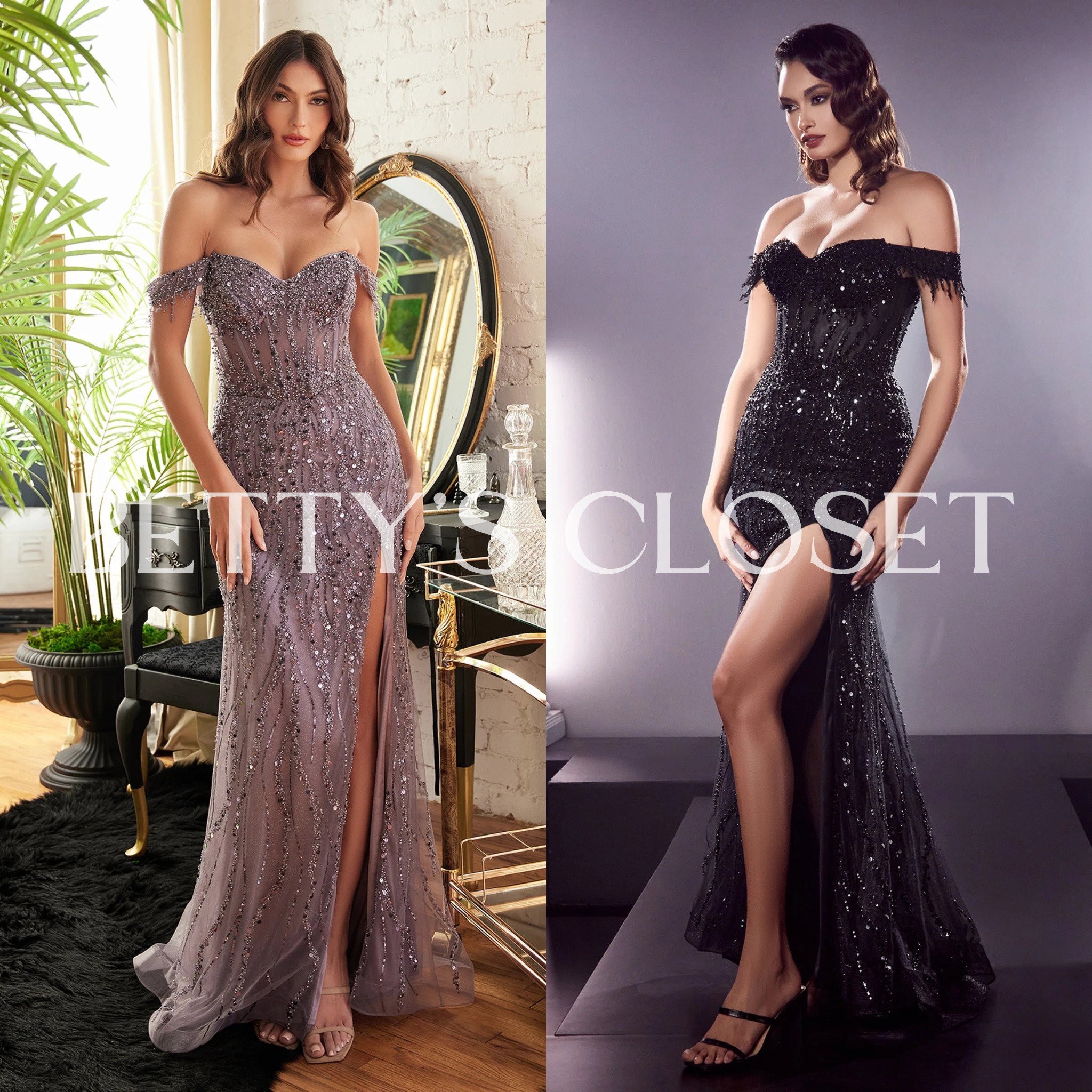 Reyna Off Shoulder Embellished Sequins Glam Gown