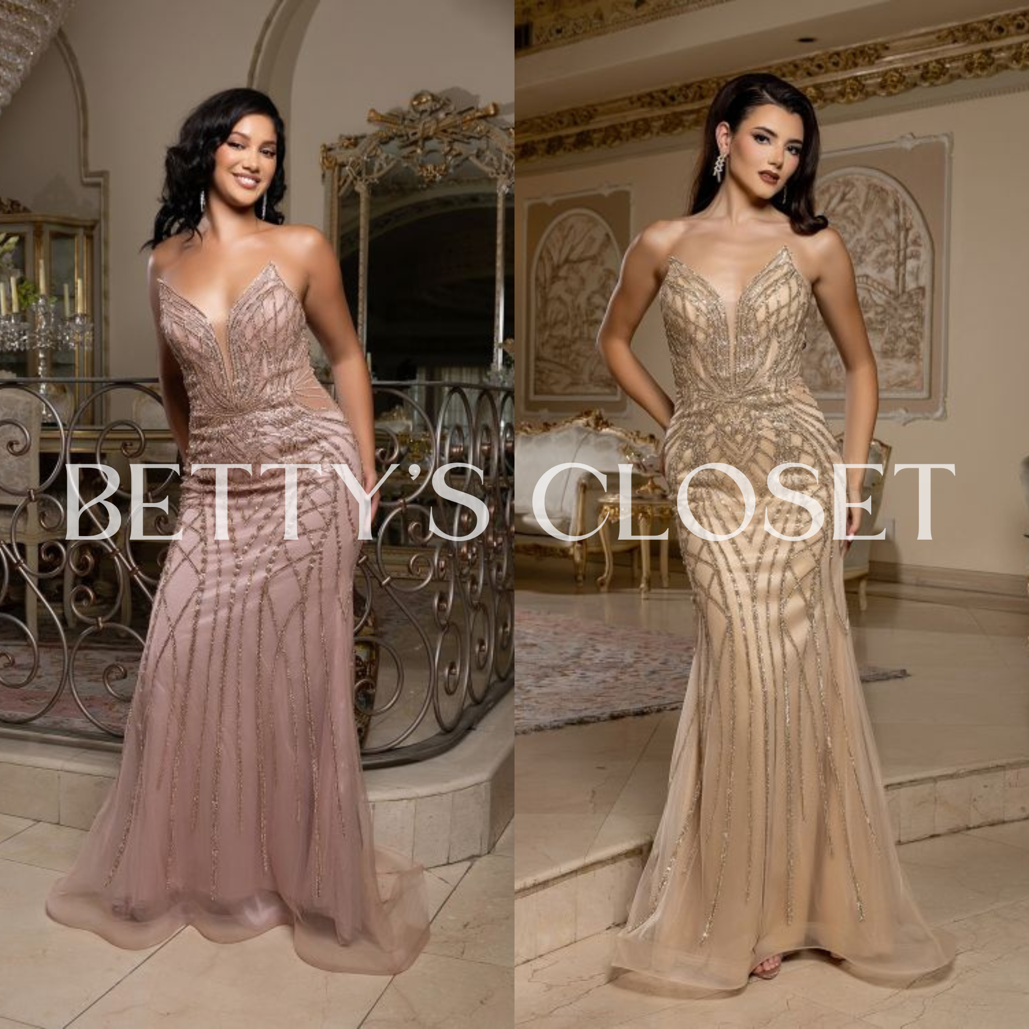 Monica Plunging V-Neck Embellished Strapless Evening Glam Gown