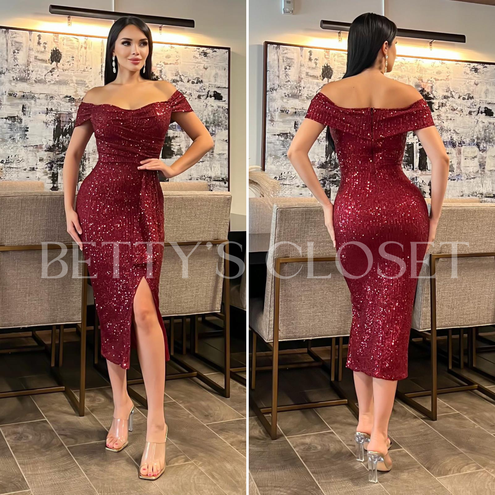 Marianna Sequins Off Shoulder Midi Dress w/ Side Ruffle