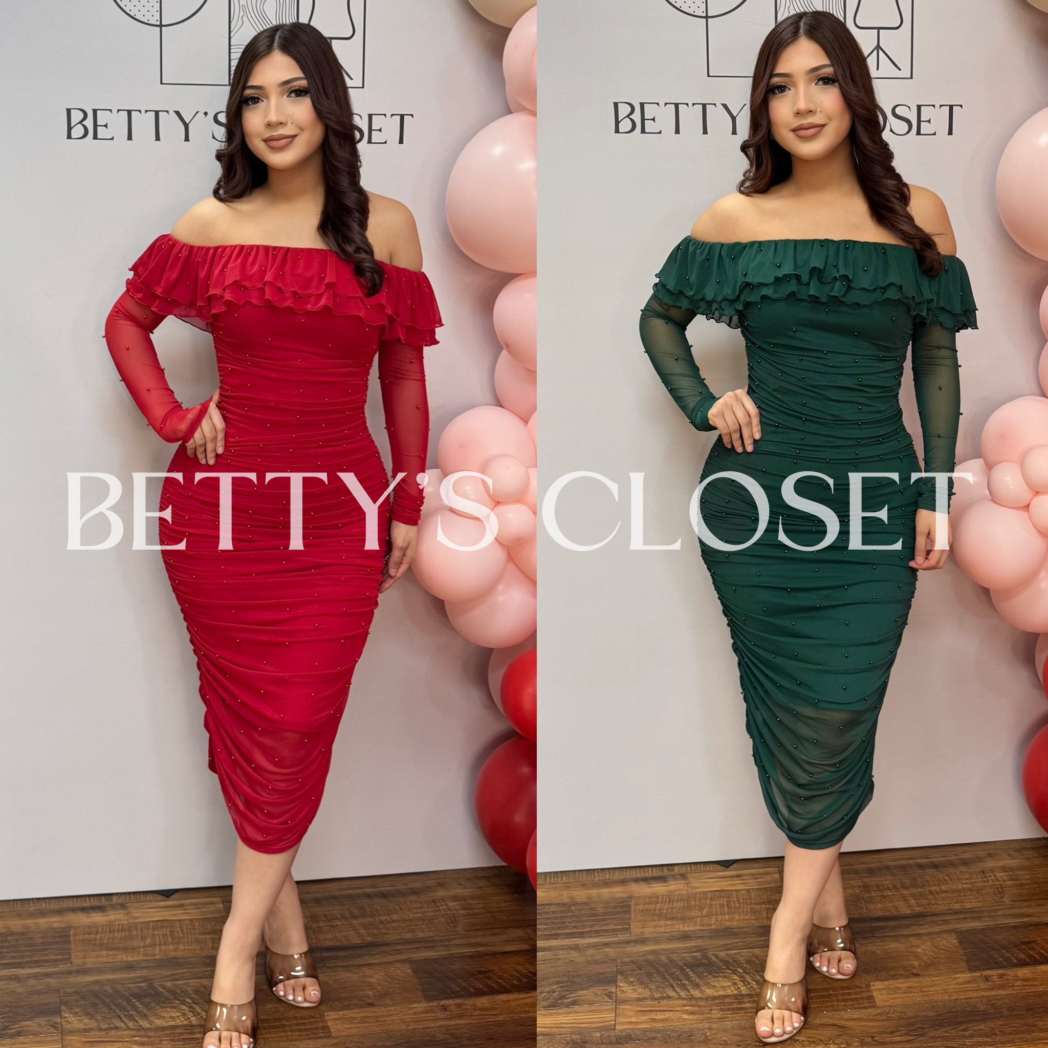 Perla Off Shoulder Ruffle Pearl Detail Midi Dress