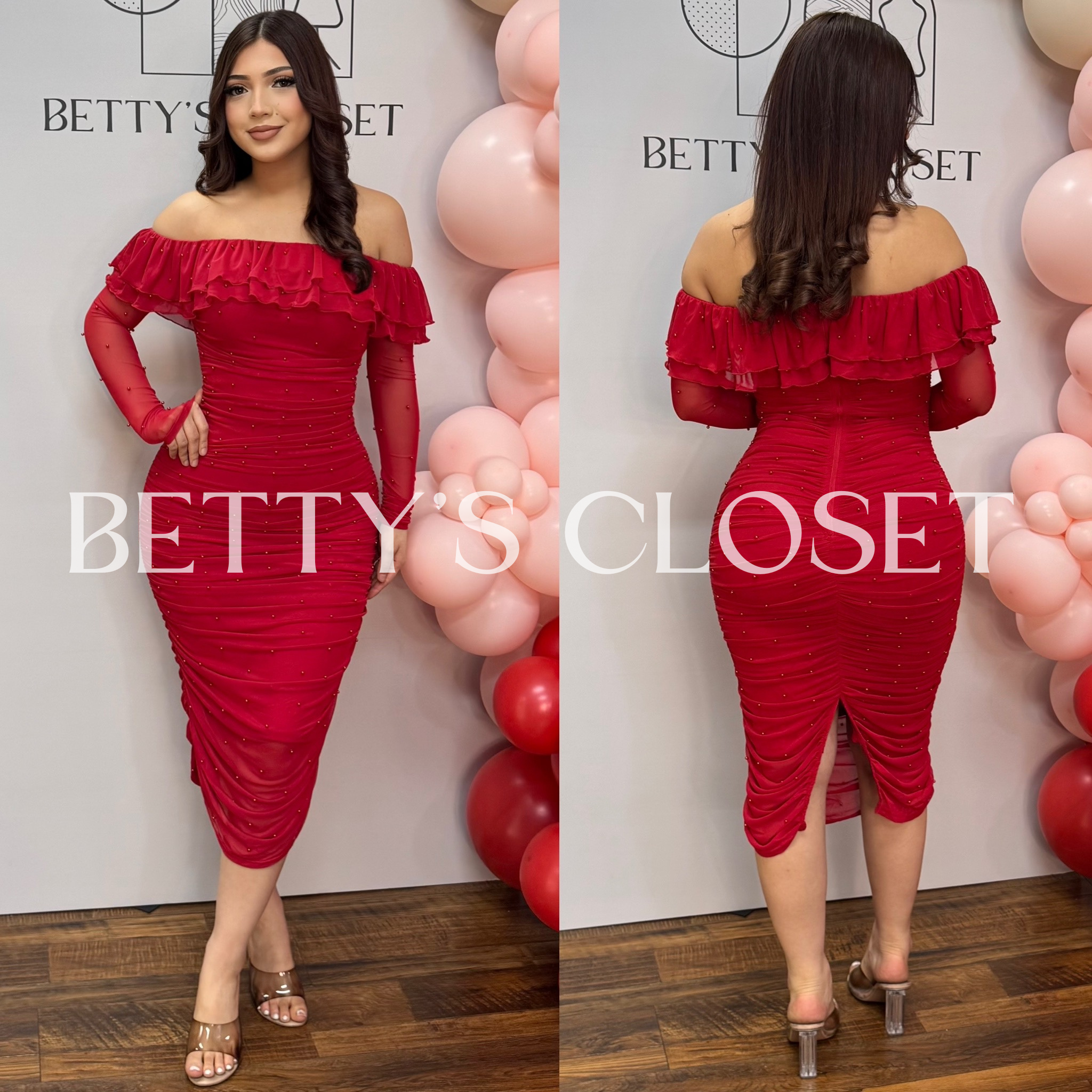 Perla Off Shoulder Ruffle Pearl Detail Midi Dress