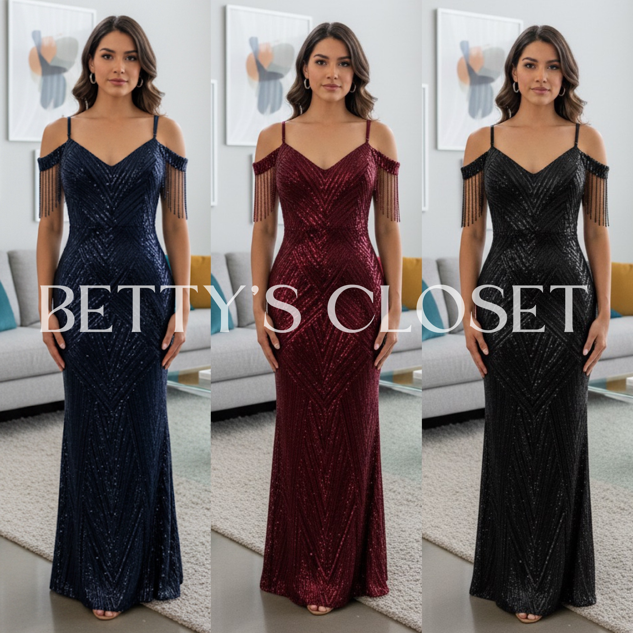 Adamaris Off Shoulder Fringe Stone Sequins Dress