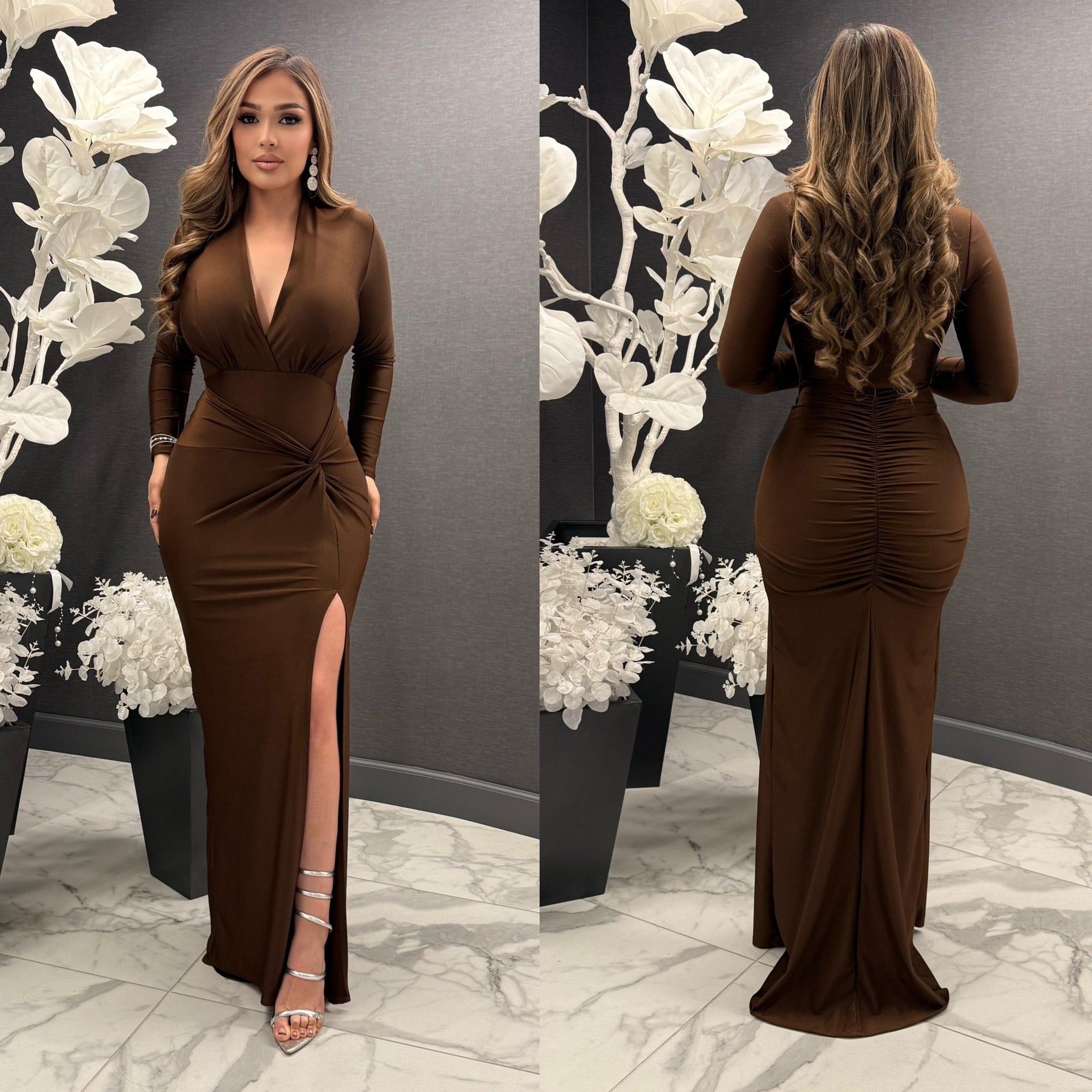 Eliana Long Sleeve Side Twist V Neck Gown