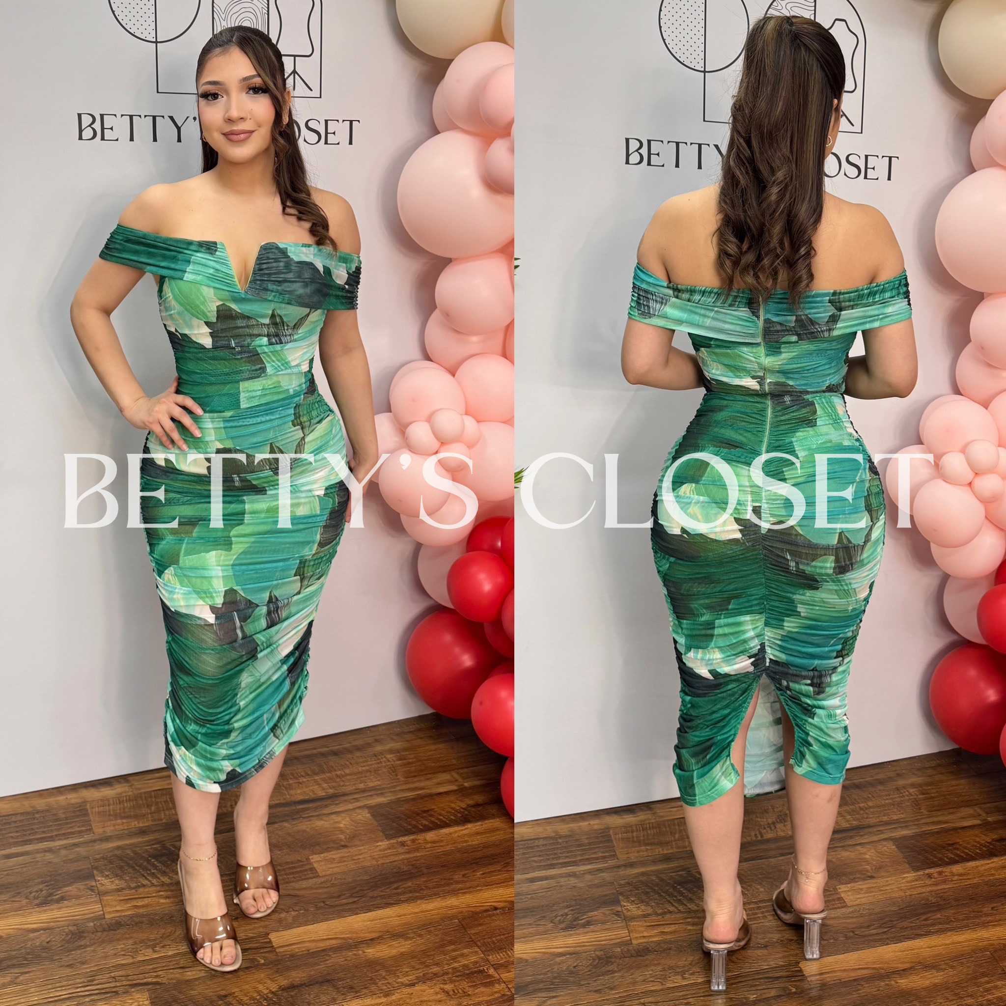 Cecilia Off Shoulder Ruched Leaf Print Dress