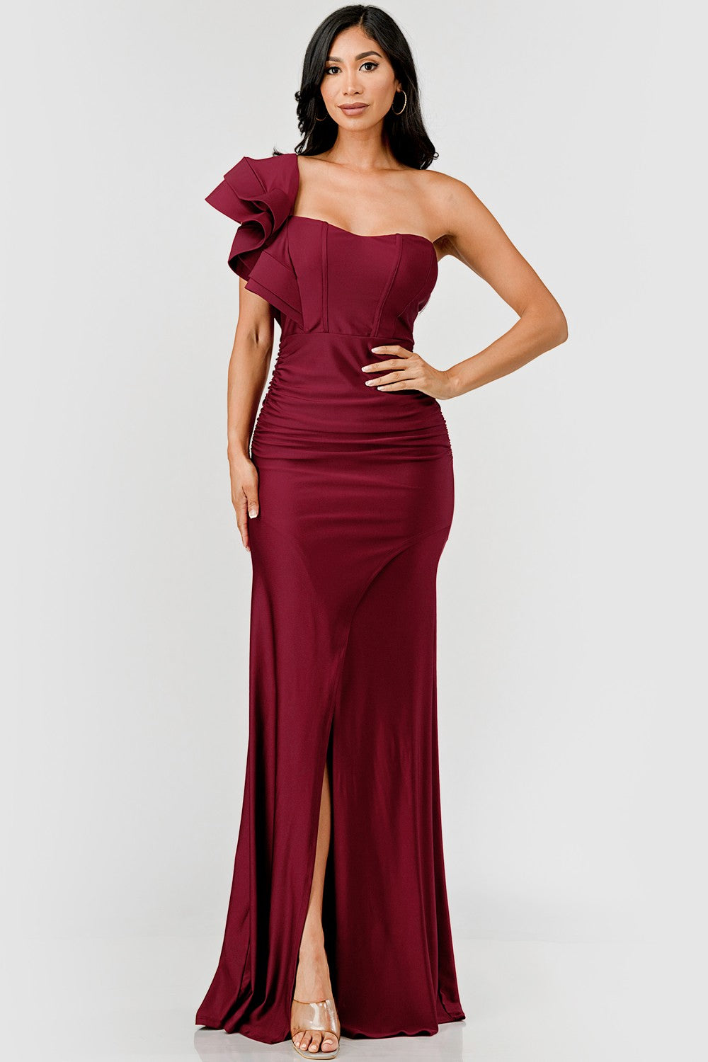 Lourdes Layered Ruffles One Shoulder Side Slit Maxi Dress