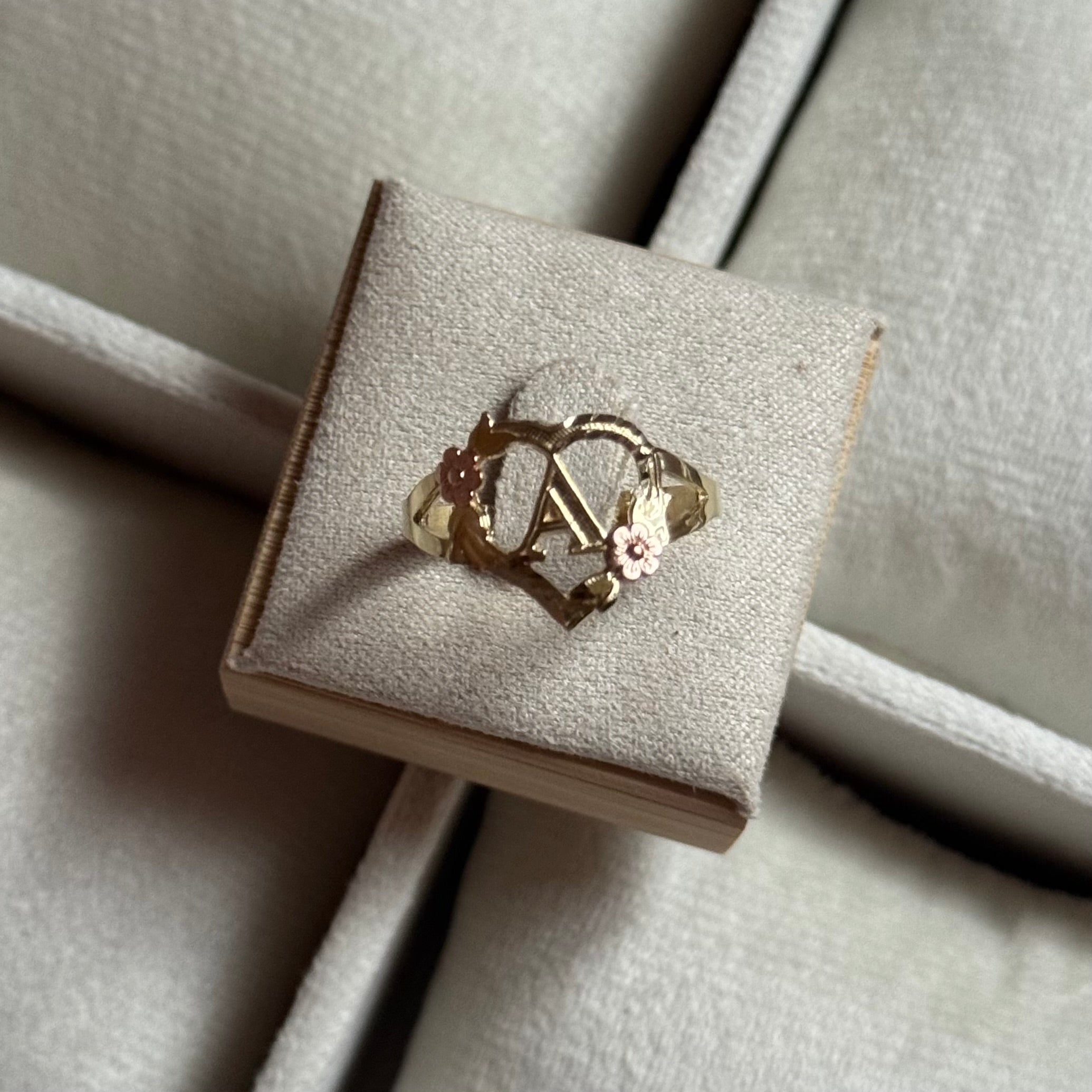 14k Gold Flower Heart Initial Ring