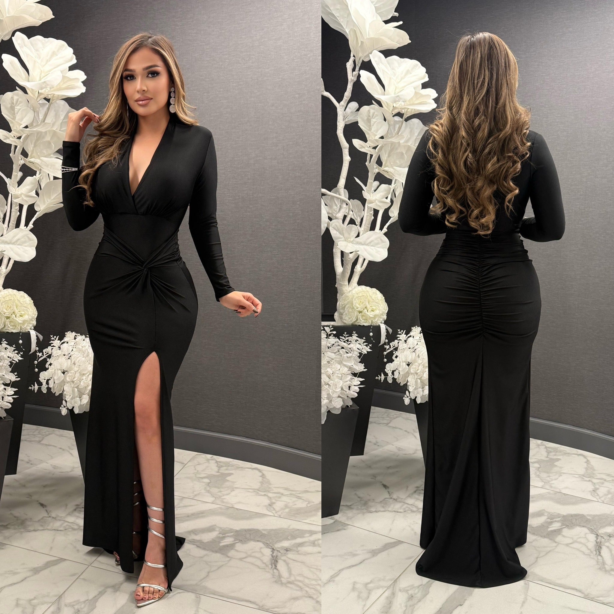 Eliana Long Sleeve Side Twist V Neck Gown