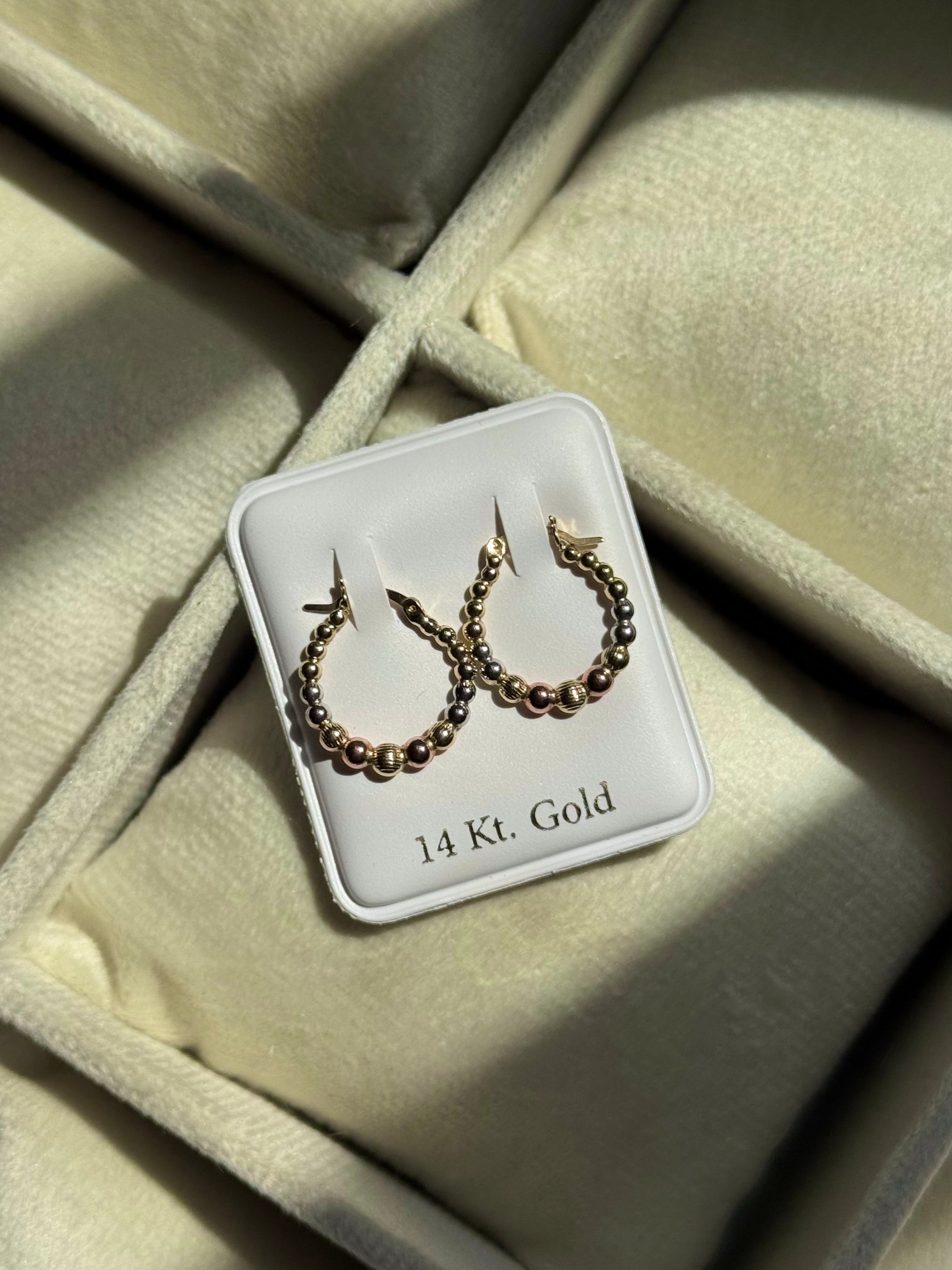 14K GOLD Tri Tone Beaded Hoops