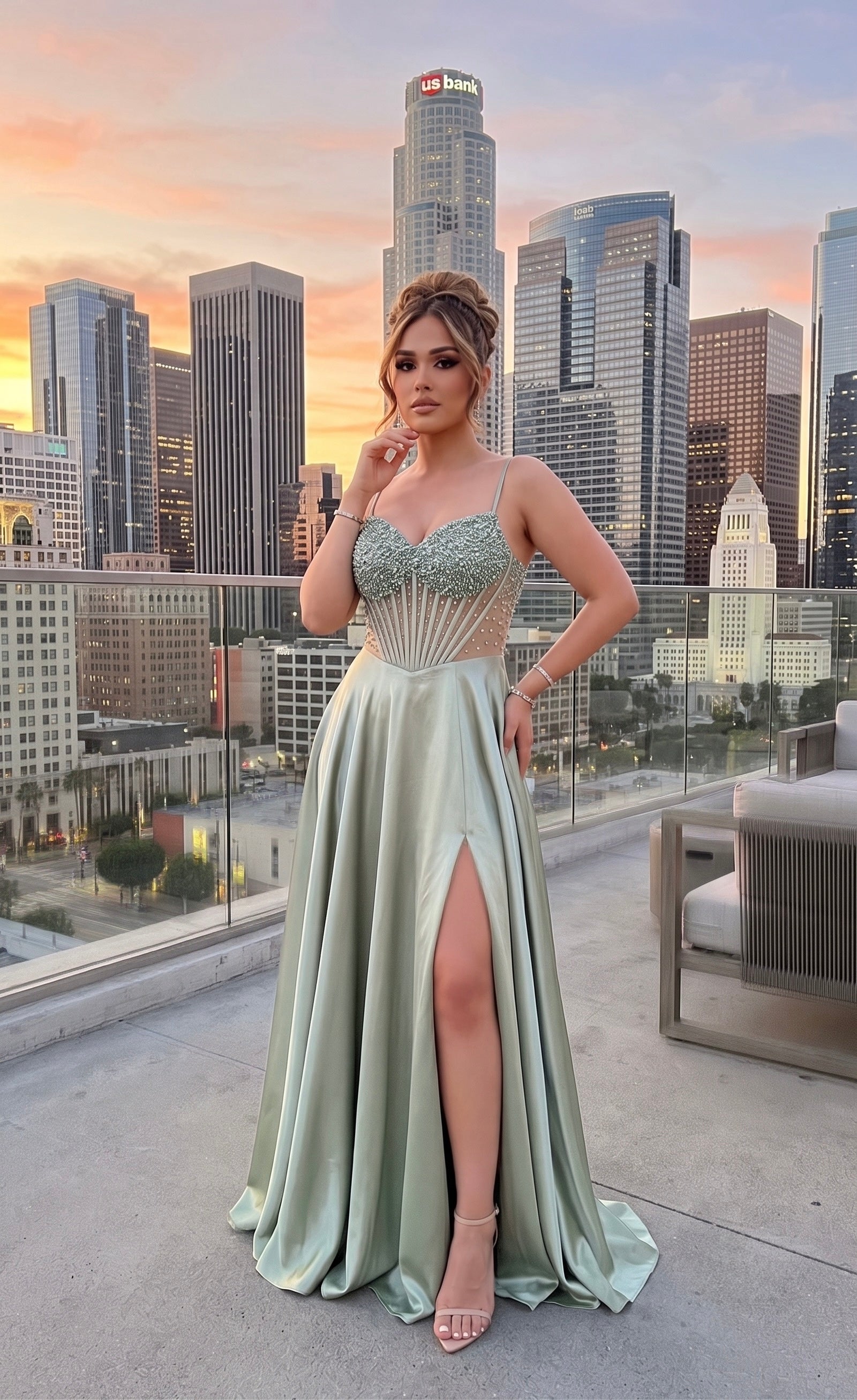 Sofia A-Line Flower Embellished Dress w/ Side Slit
