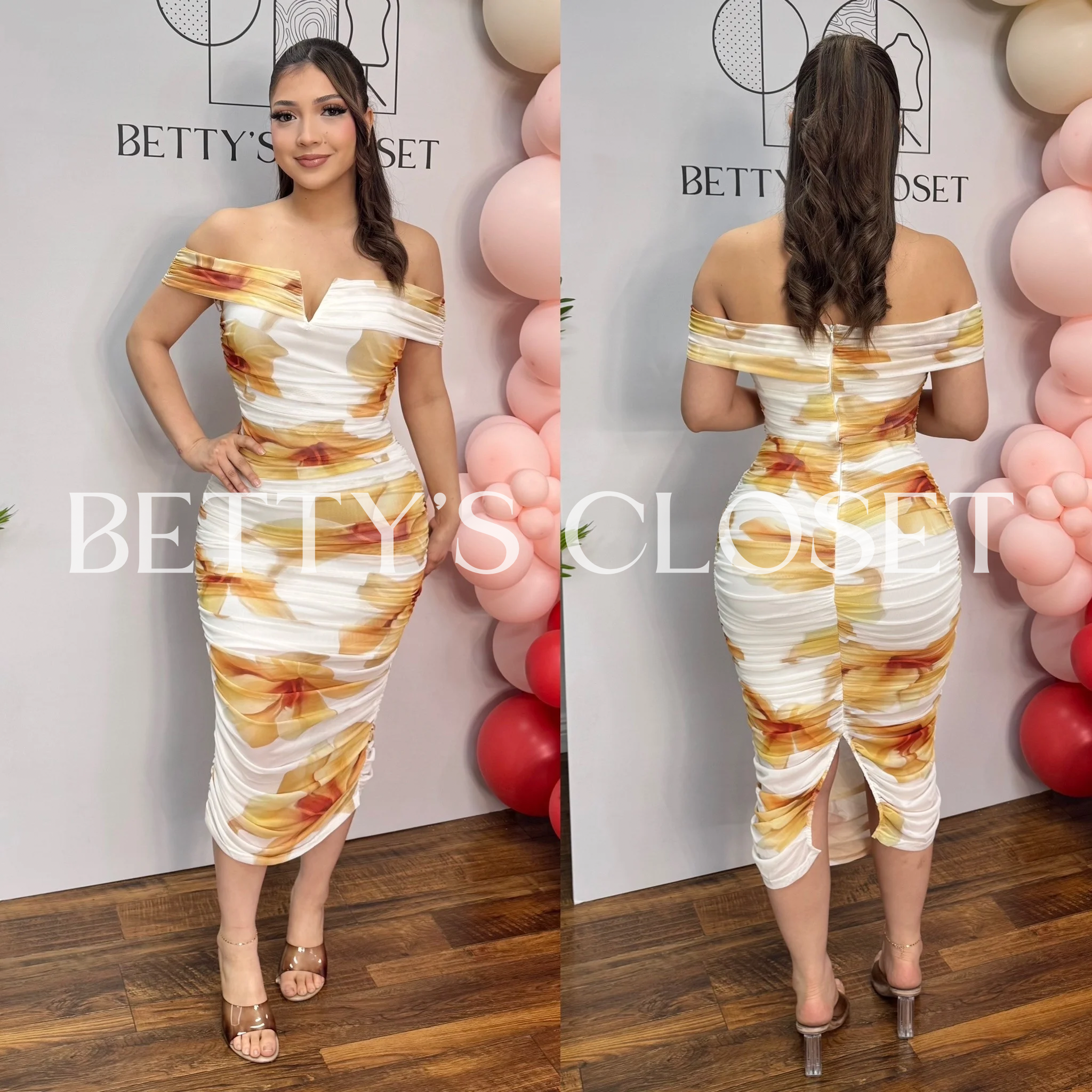 Linda Off Shoulder Ruched Floral Dress