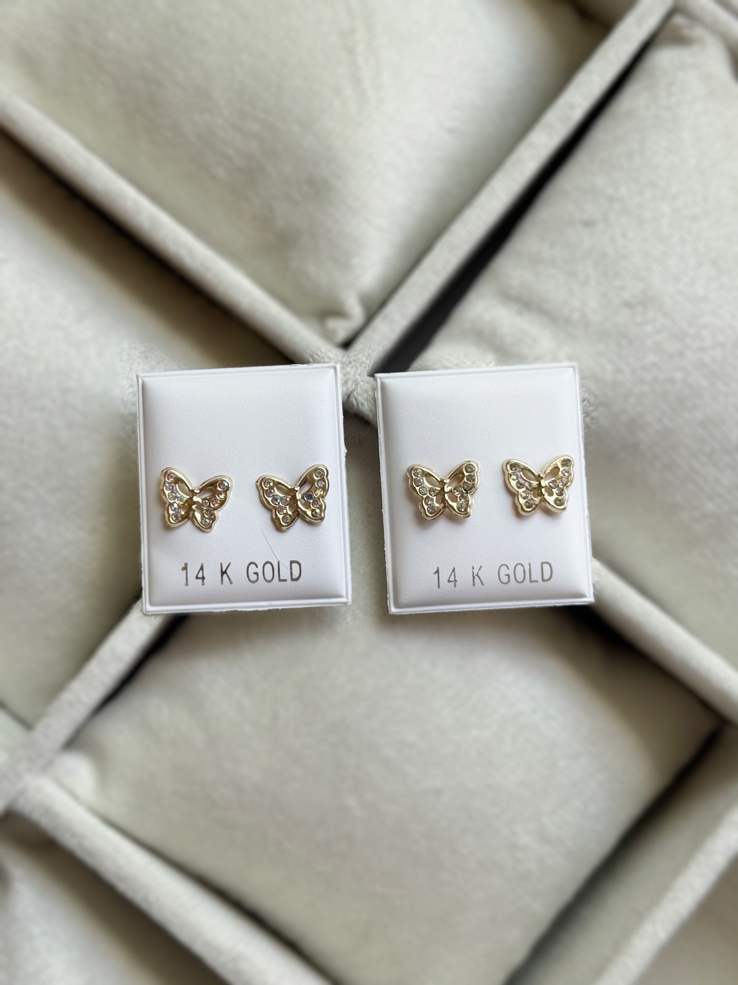 14K GOLD Butterfly CZ Stone Earrings