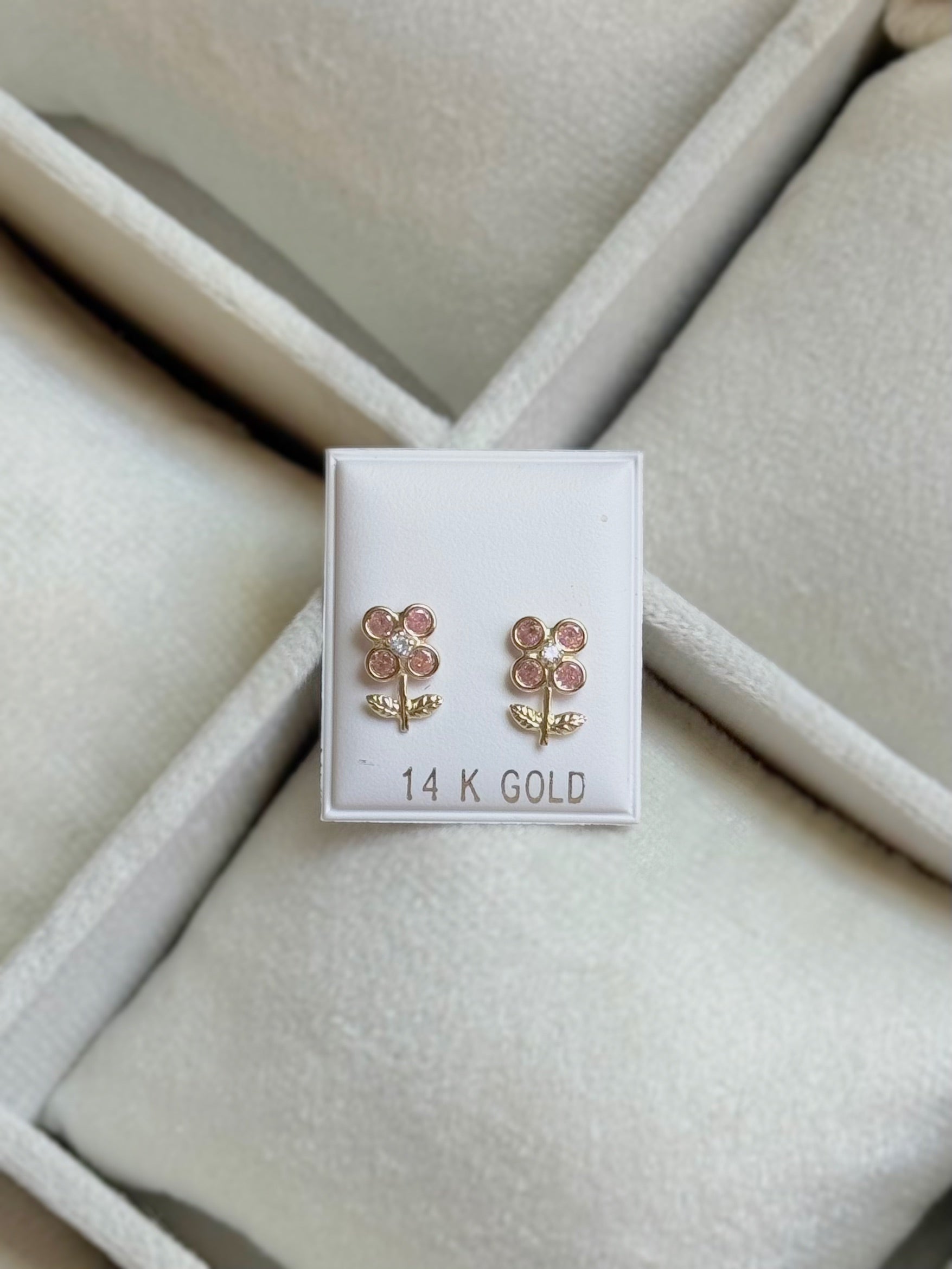 14K GOLD Four Petal Flower CZ Earrings