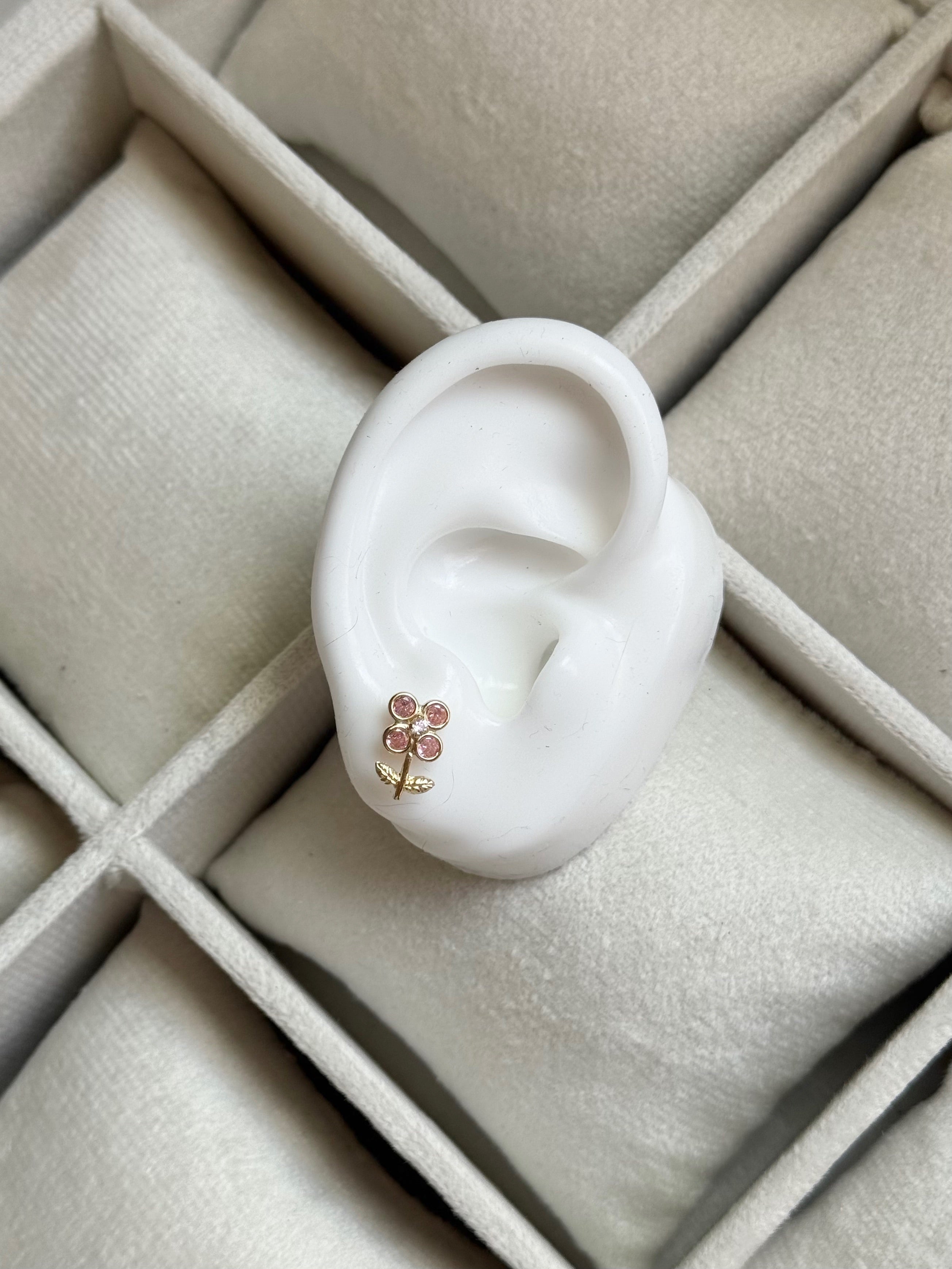 14K GOLD Four Petal Flower CZ Earrings