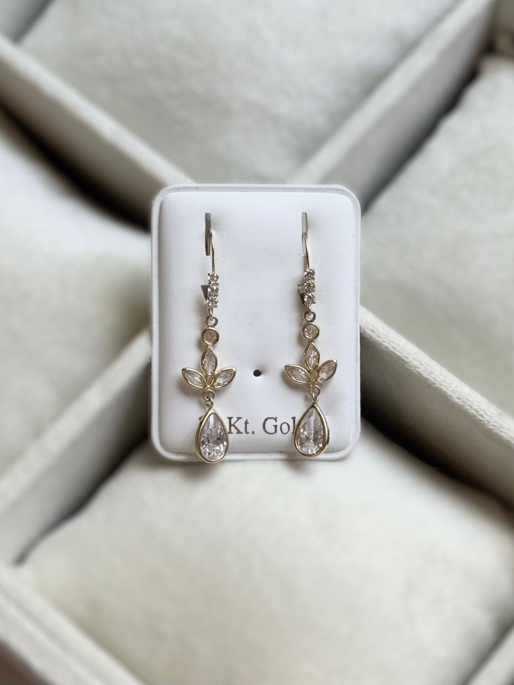 14K Gold CZ Lever Back Dangling Earrings
