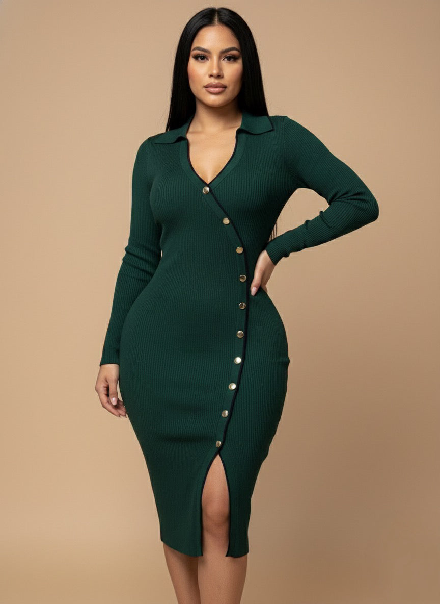 Fernanda Long Sleeve Collared Button Midi Dress