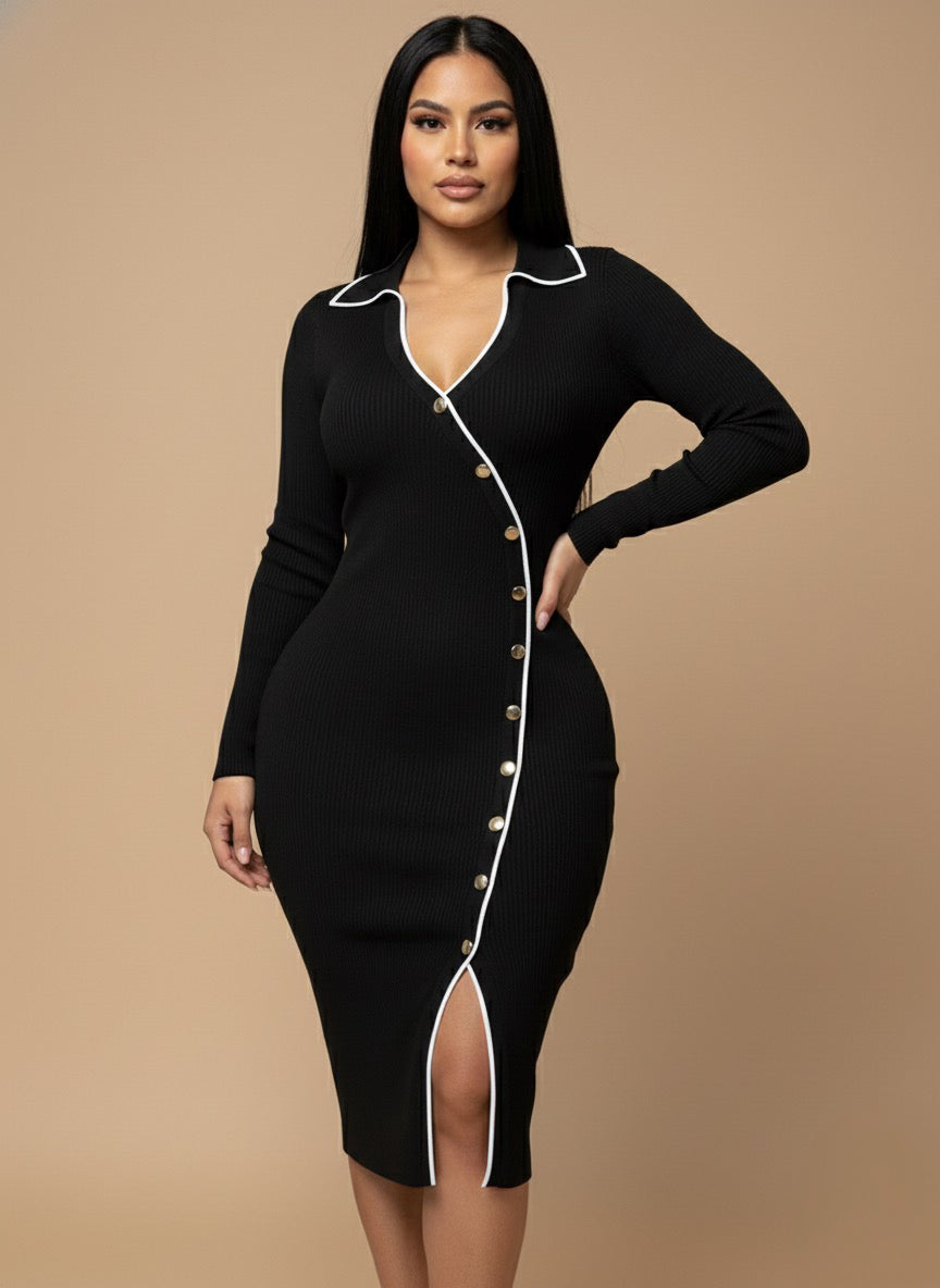 Fernanda Long Sleeve Collared Button Midi Dress