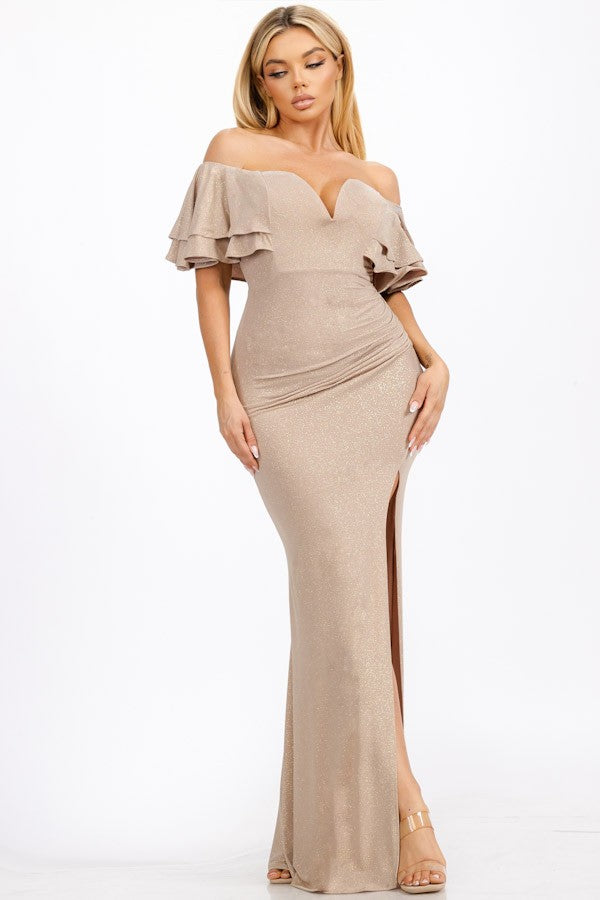 Berenice Glitter Off Shoulder Ruffle Sleeve Gown