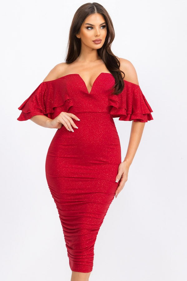 Elisa Glitter Fabric Off Shoulder Ruffled Drape Dress