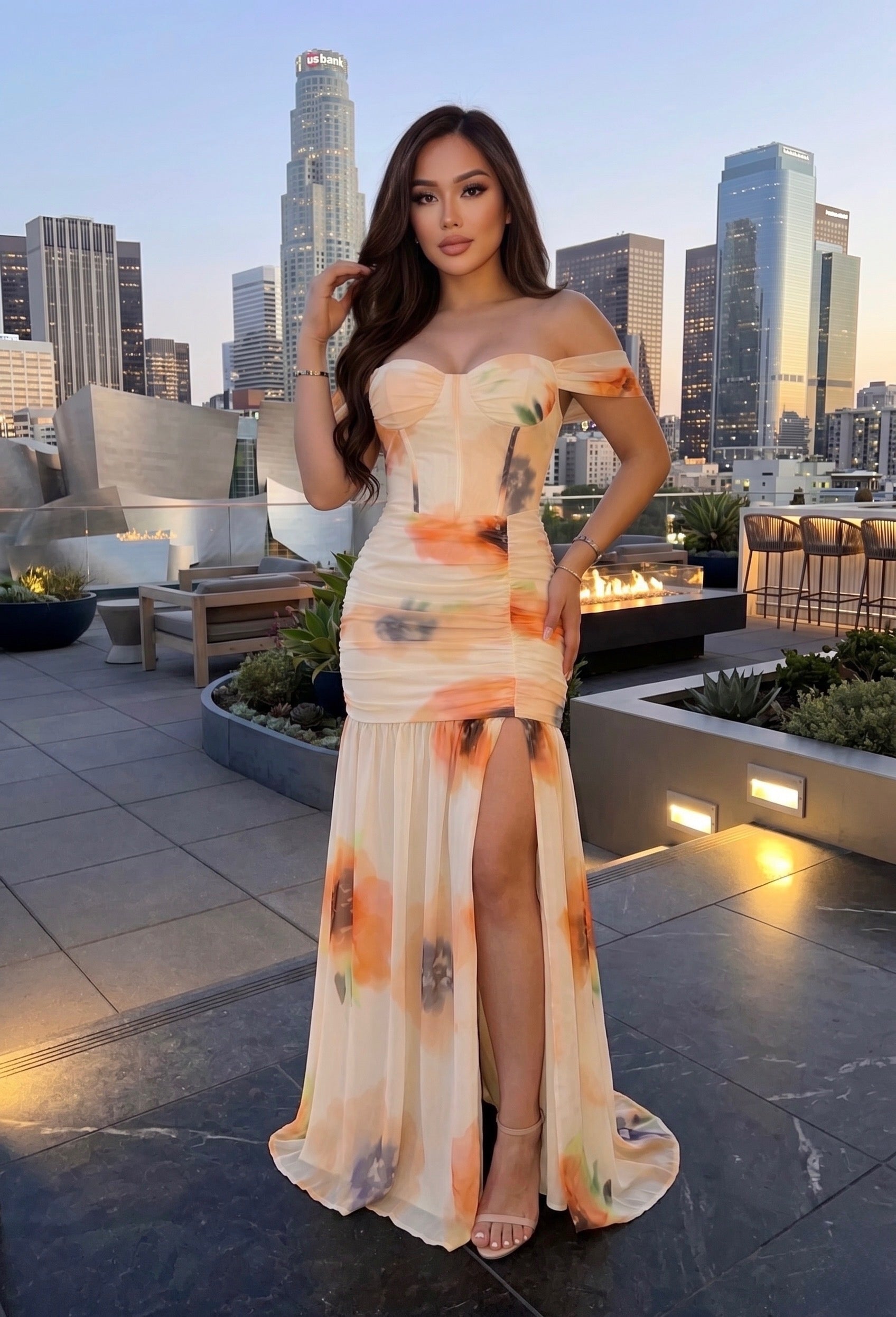 Priscilla Off Shoulder Corset Mesh Maxi Dress
