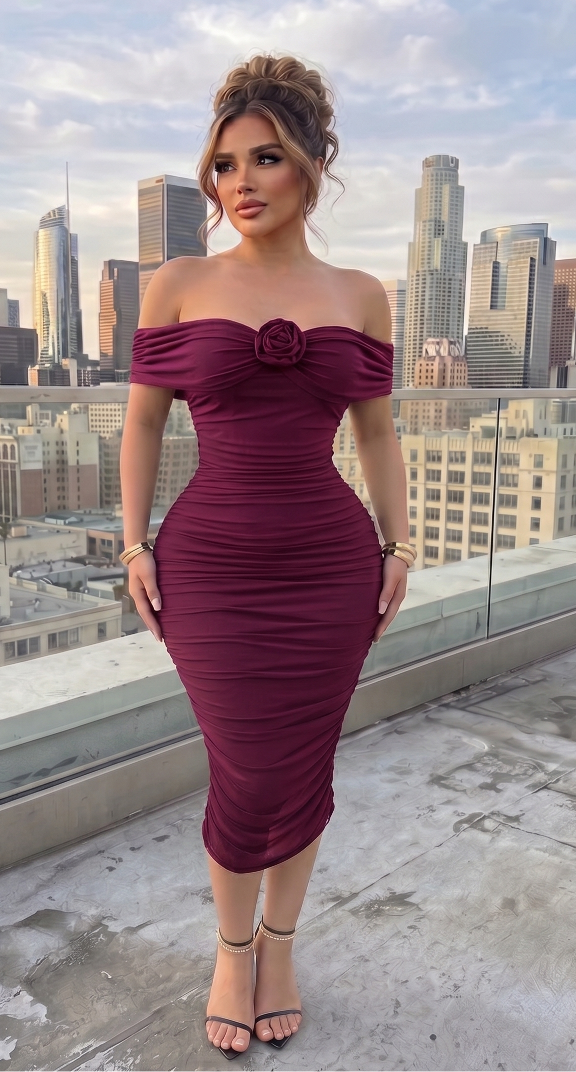 Amy Flower Midi Ruched Dress
