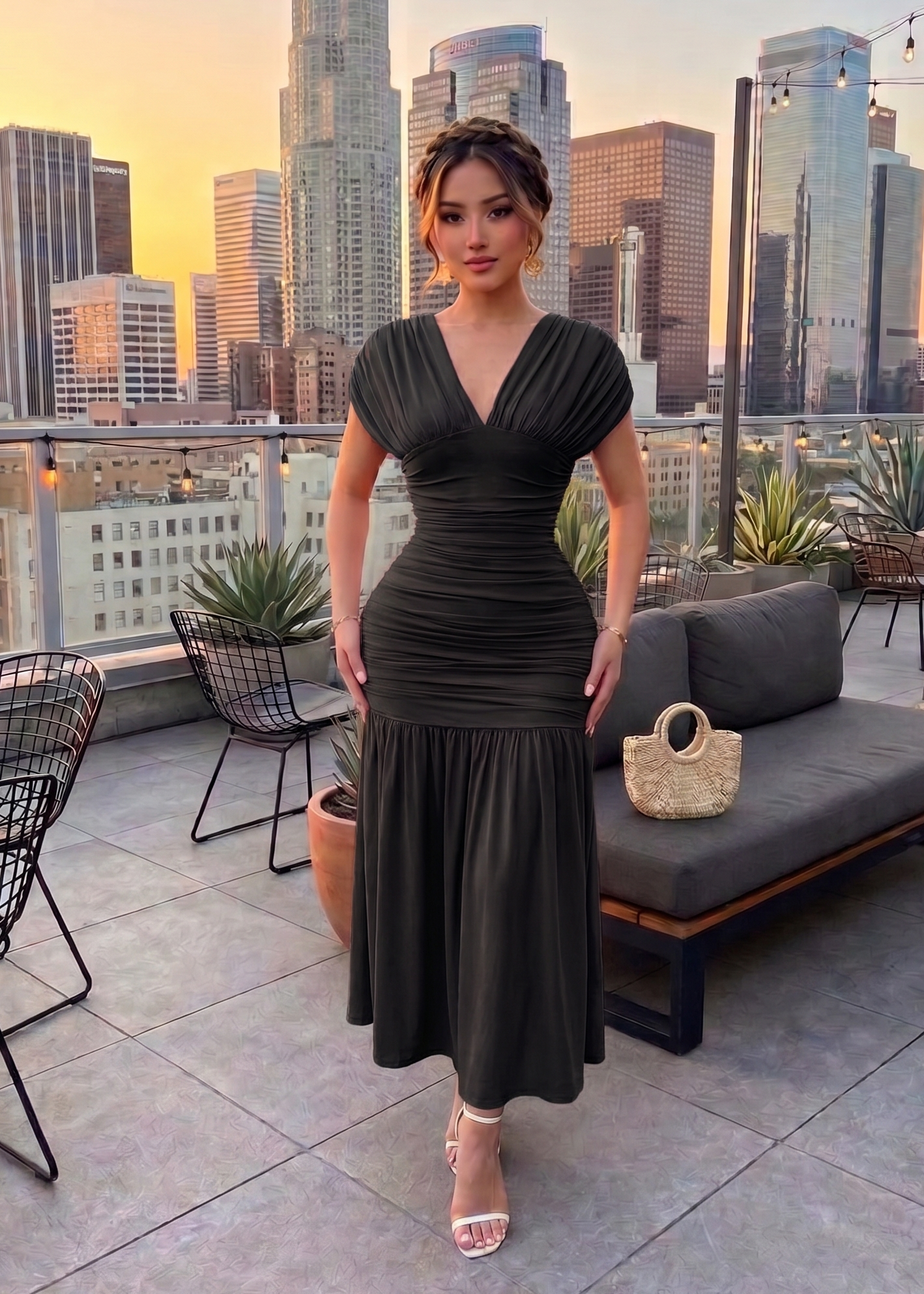 Arleth Mesh V-Neck Flare Maxi Dress