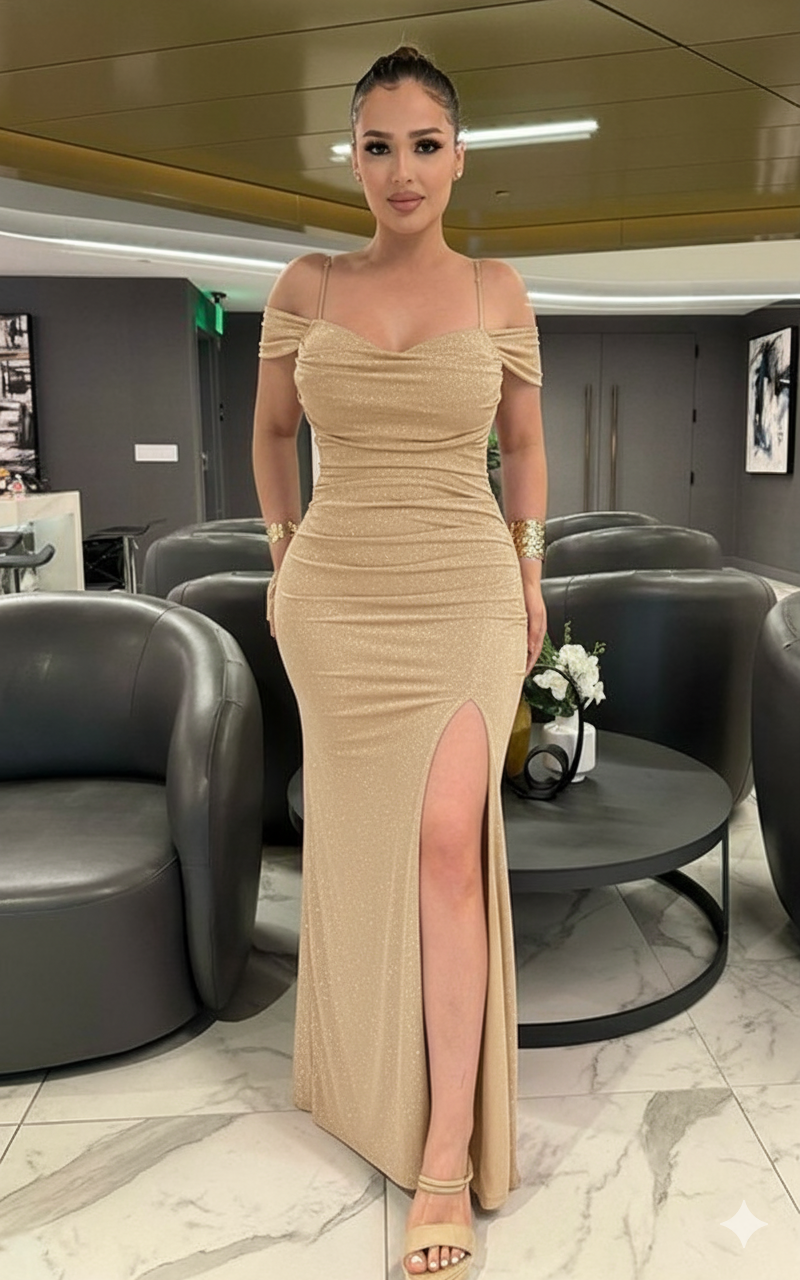 Tatiana Glitter Off Shoulder Double Layer Gown