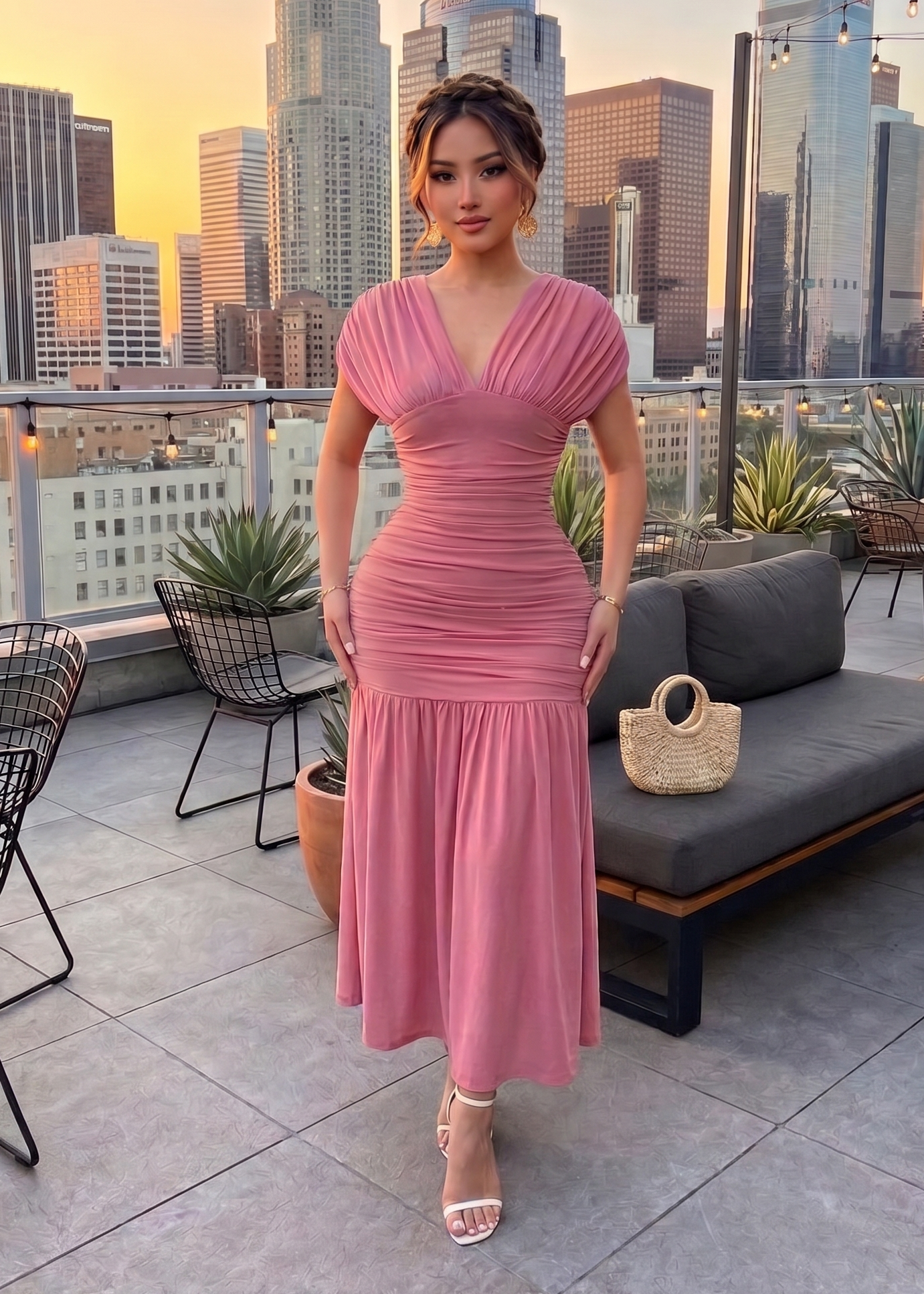 Arleth Mesh V-Neck Flare Maxi Dress