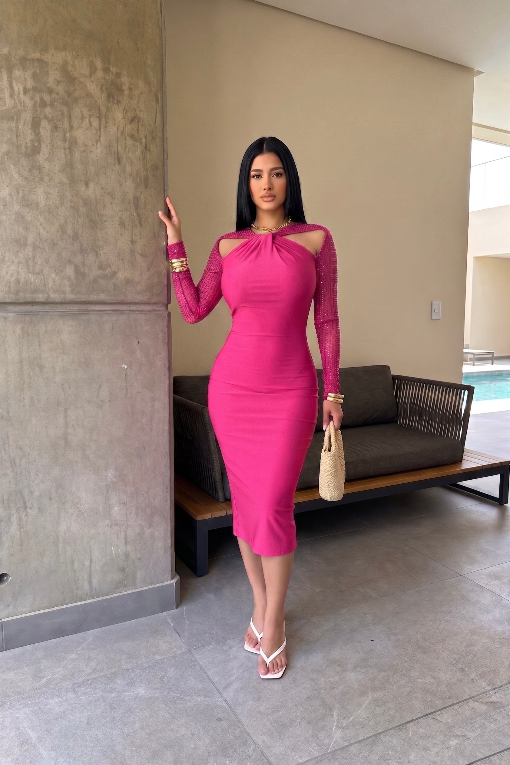 Nadia Rhinestone Twist Mesh Sleeve Satin Midi Dress