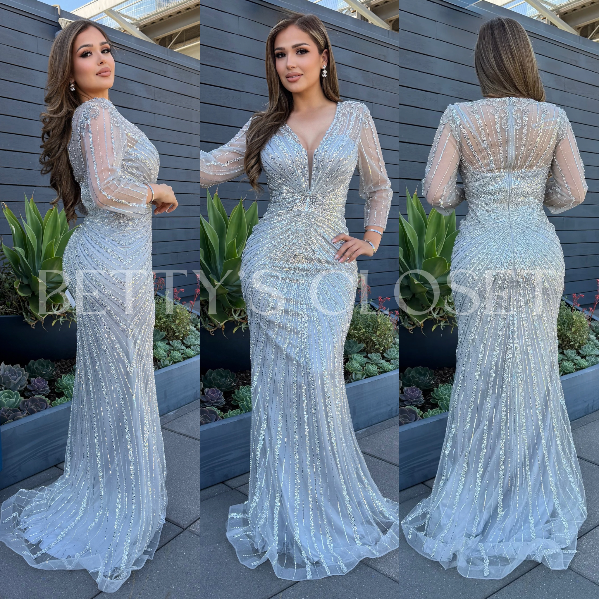 Karla Linear Beadwork Formal Gown with Sleeves