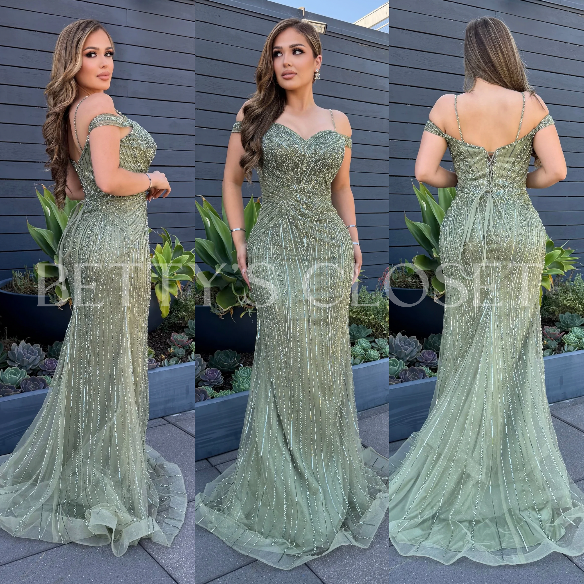 Mireya Off Beaded Mesh Sweetheart Long Gown