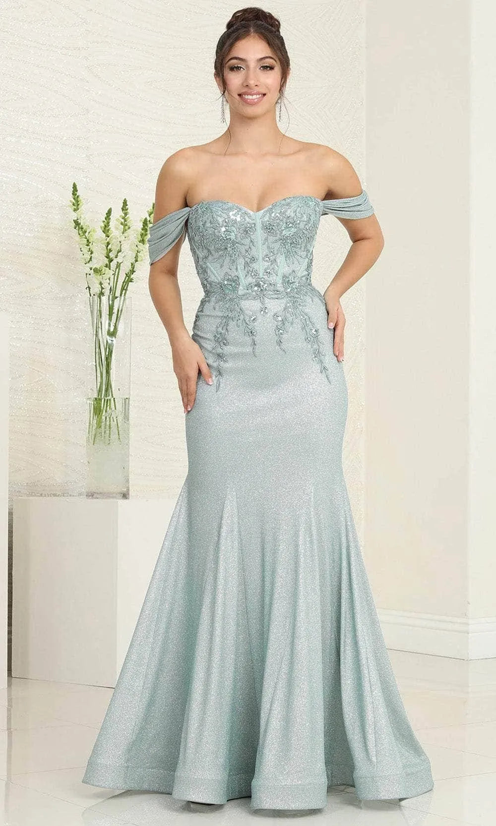 Ava Glitter off the Shoulder Embroidered Sequin Gown