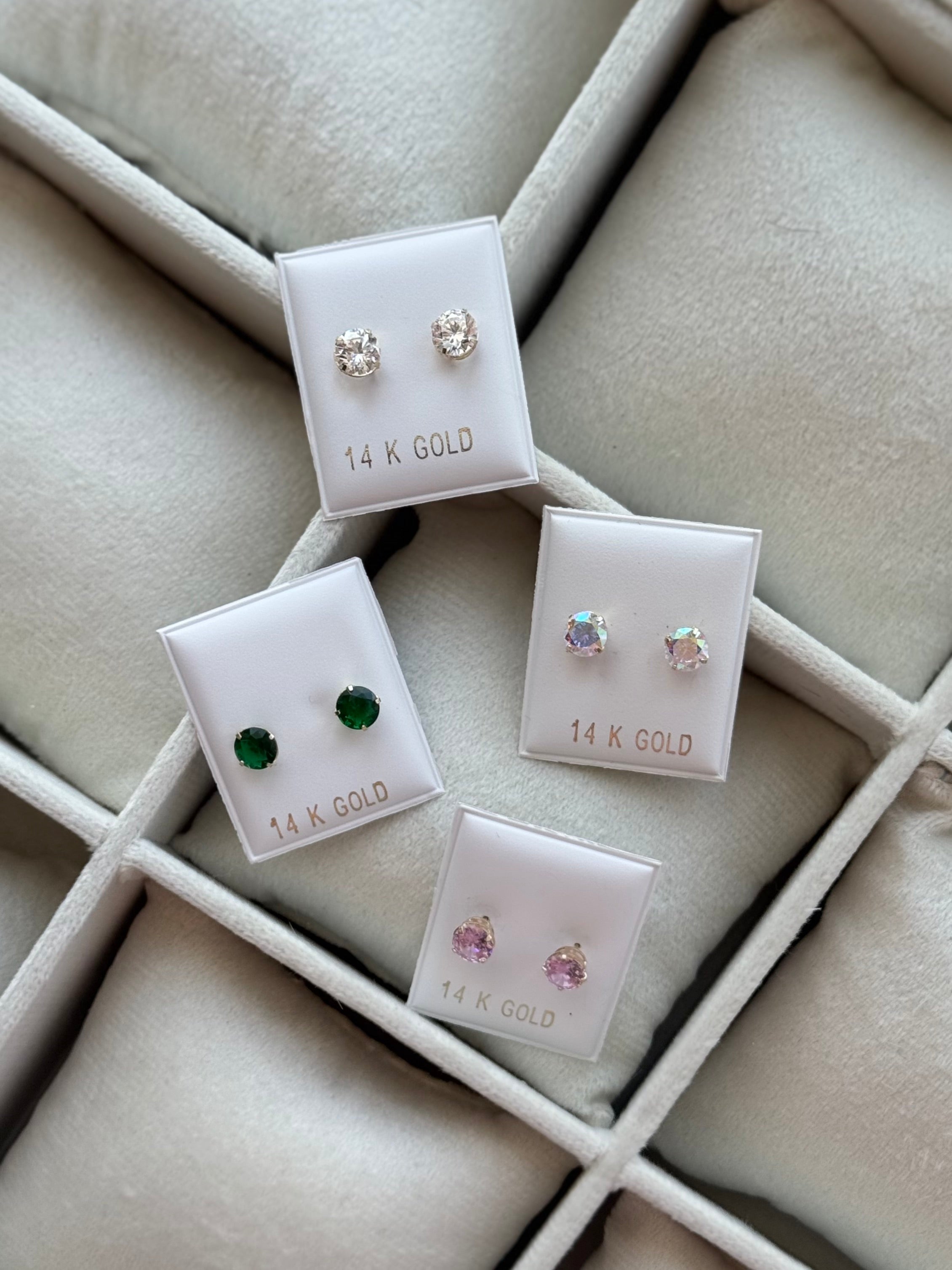 14K GOLD Round Cut CZ Stud Earrings