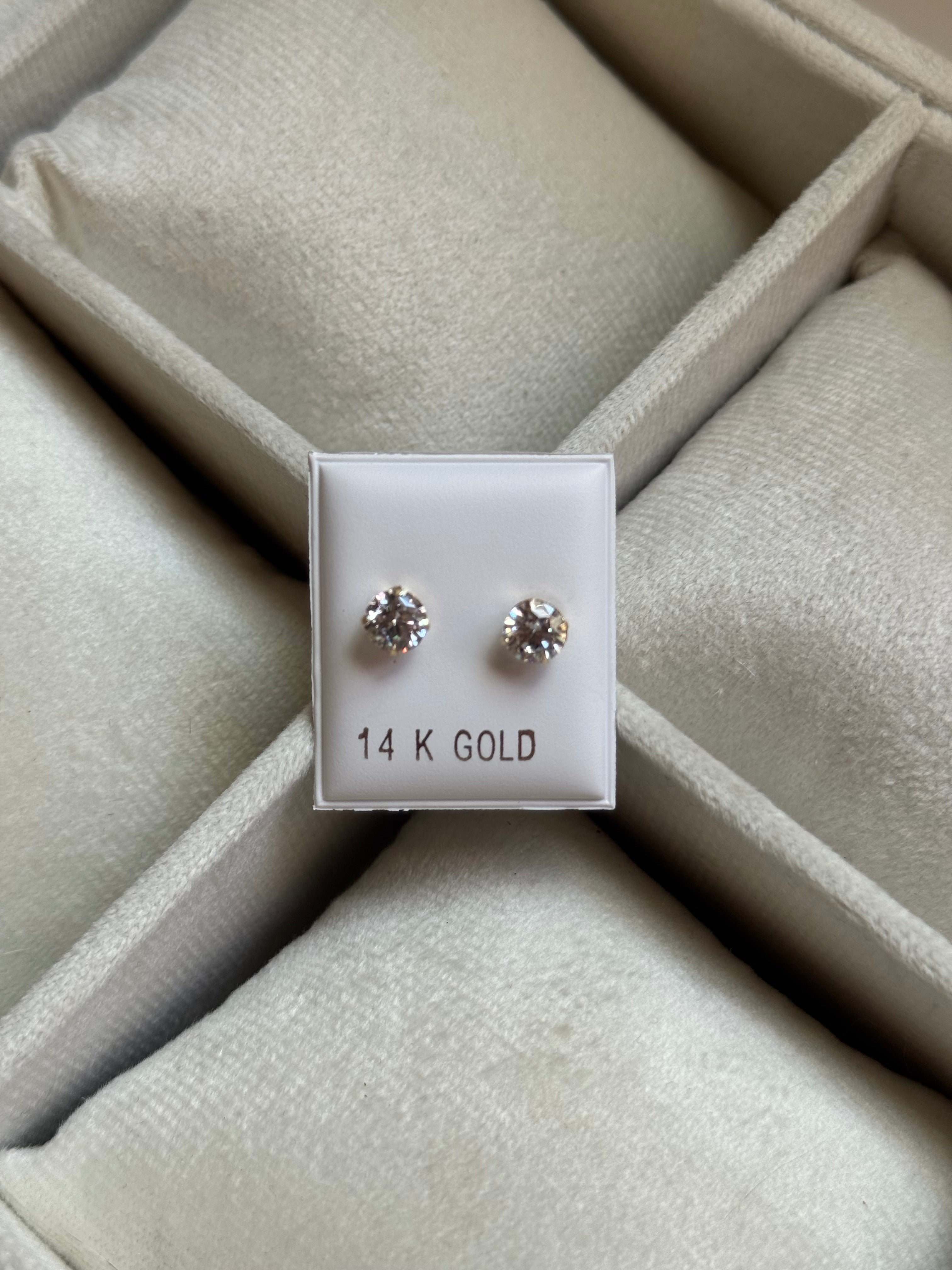 14K GOLD Round Cut CZ Stud Earrings