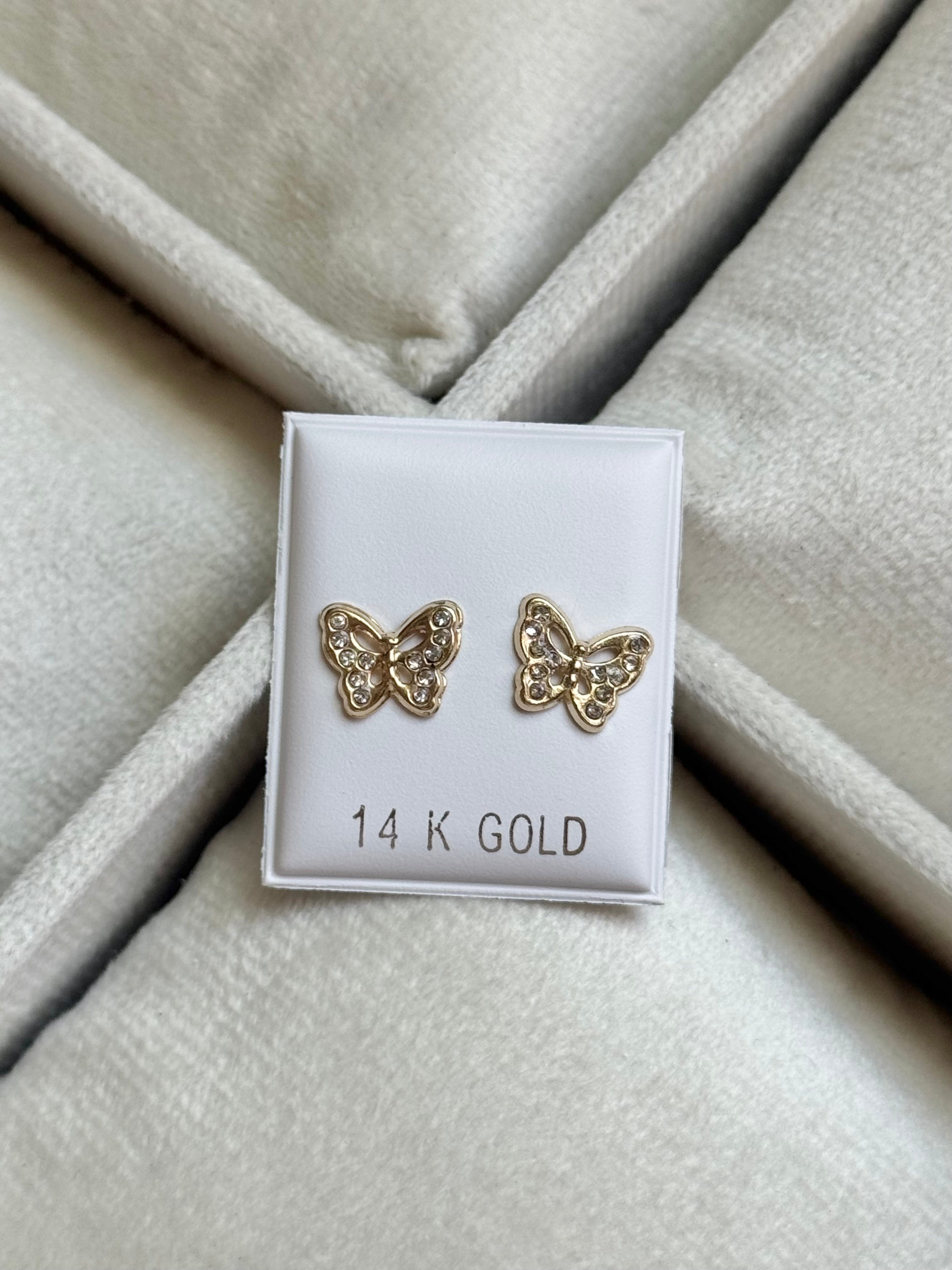 14K GOLD Butterfly CZ Stone Earrings