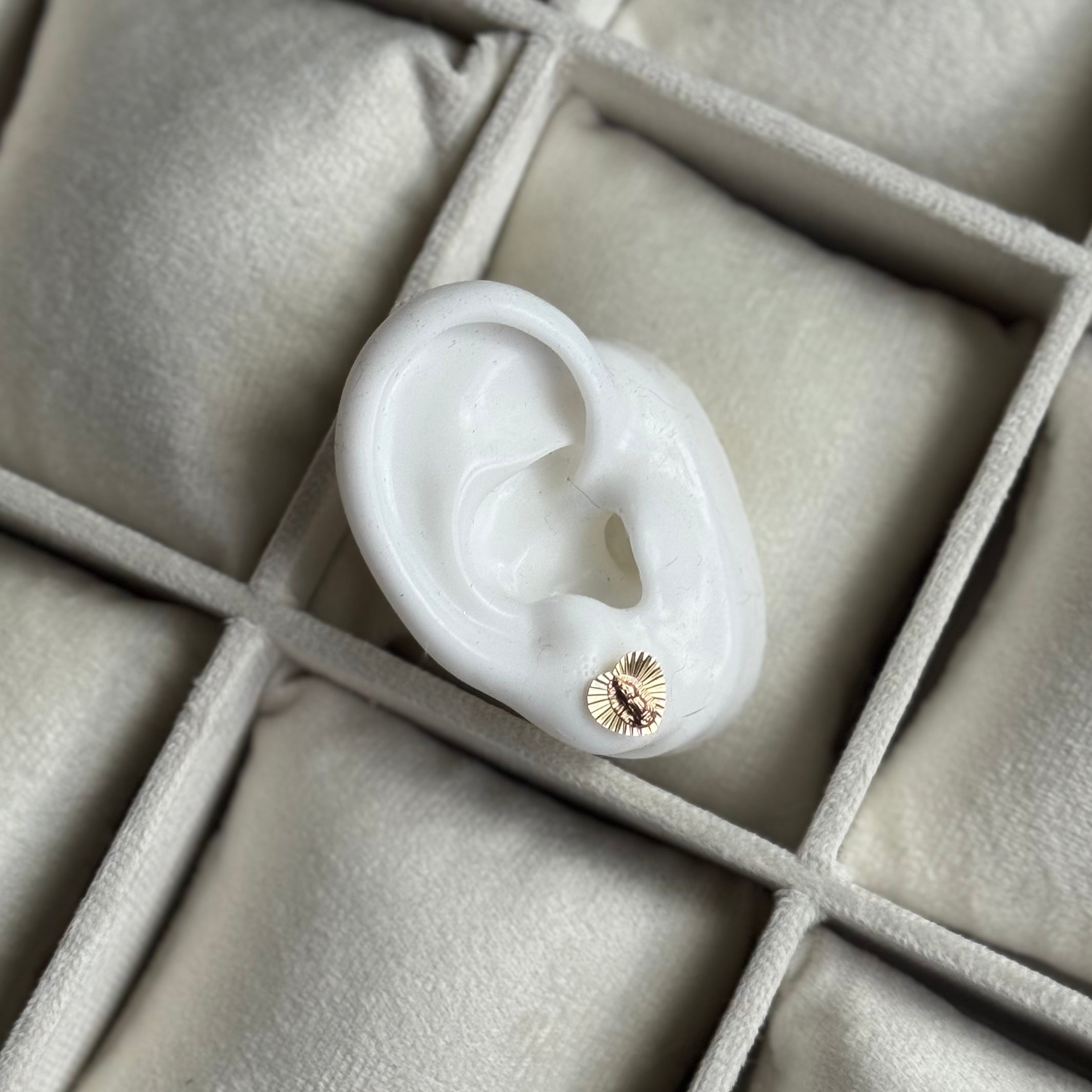 14K Gold Two Tone Heart Virgin Mary Stud Earrings