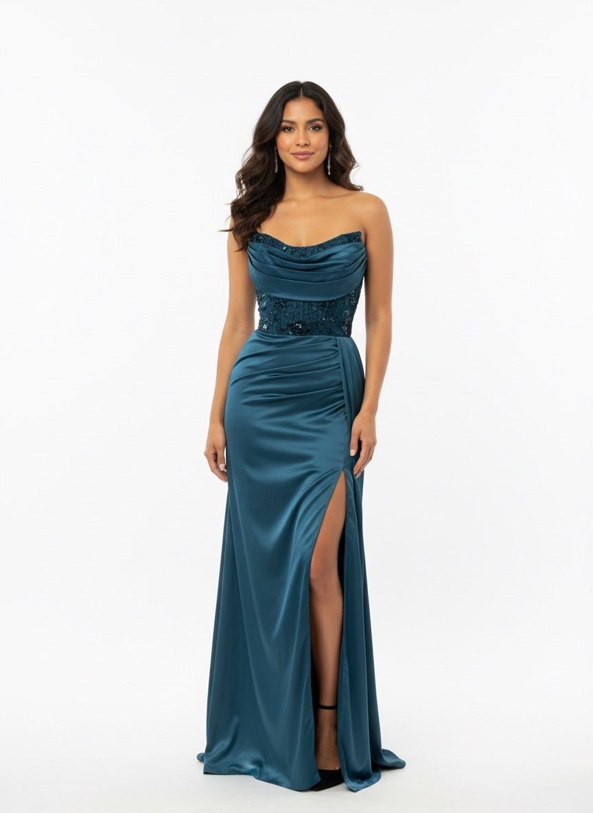 Lindsay Beaded Satin Corset Gown w/ Trail and Corset Back