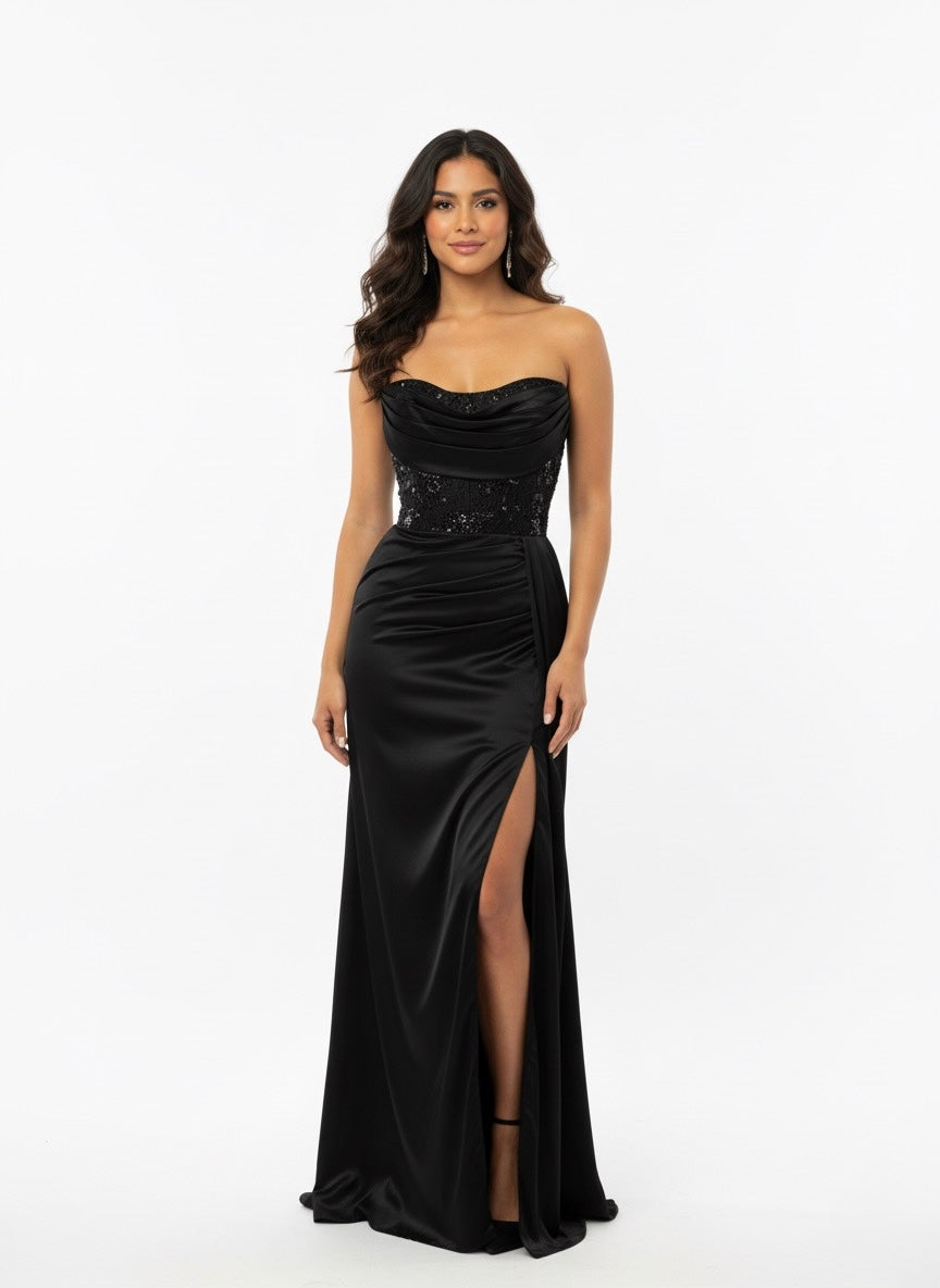 Lindsay Beaded Satin Corset Gown w/ Trail and Corset Back