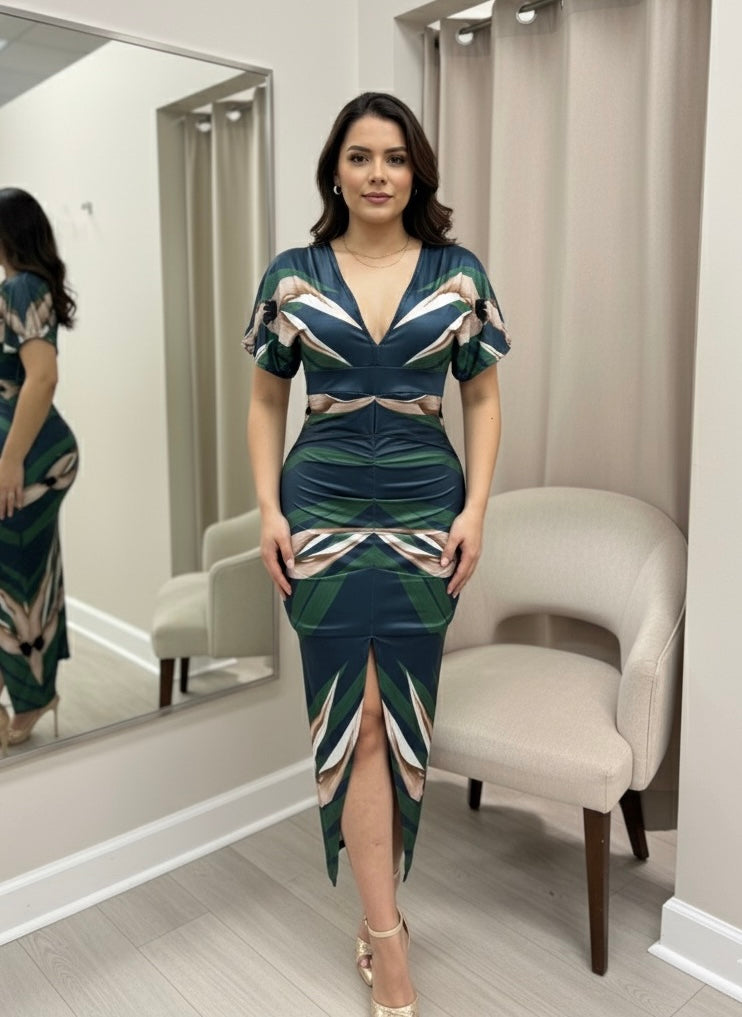 Sophia Midi Ruched Patterned Dress