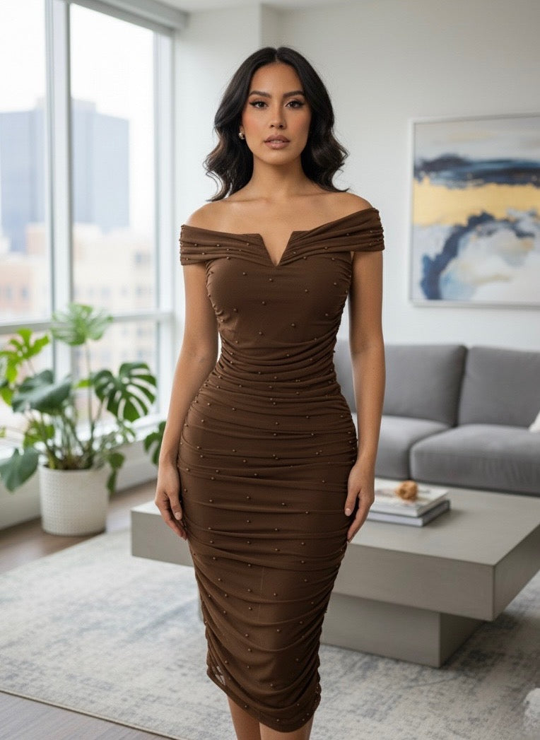 Susana Pearl Beaded Off Shoulder Ruched Dress