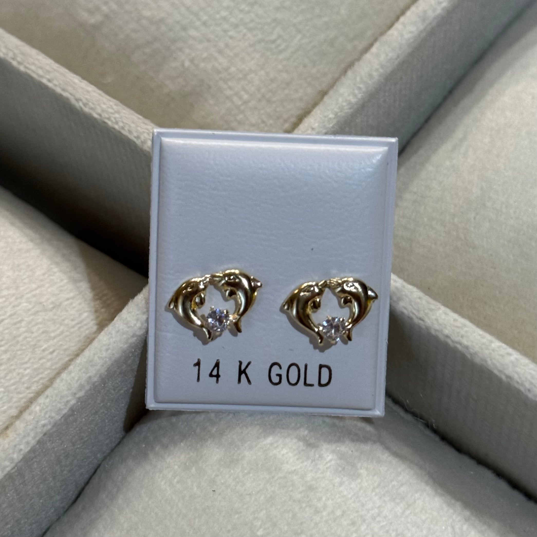 14K Gold Dolphin CZ Earrings