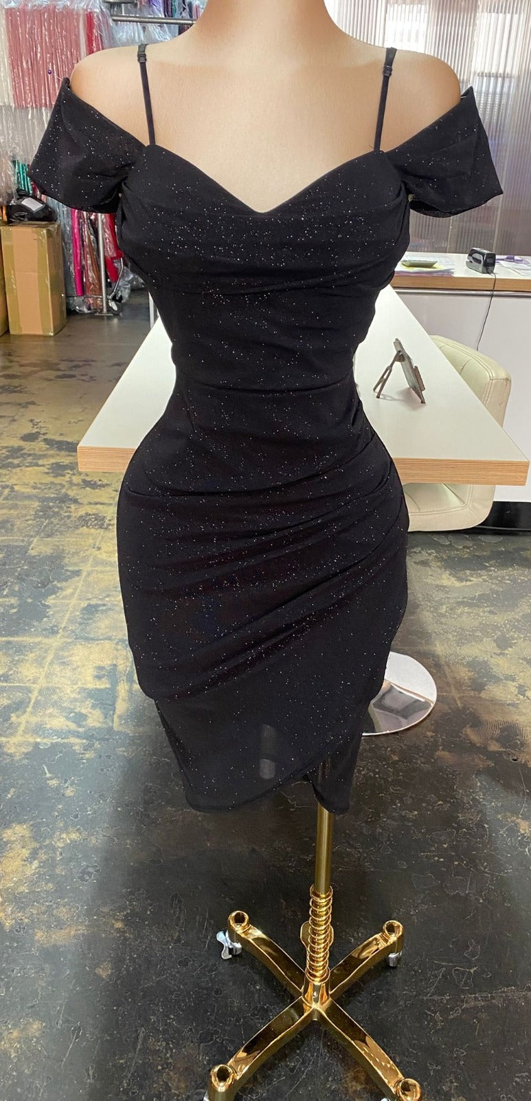 Rose Off the Shoulder Glitter Dress