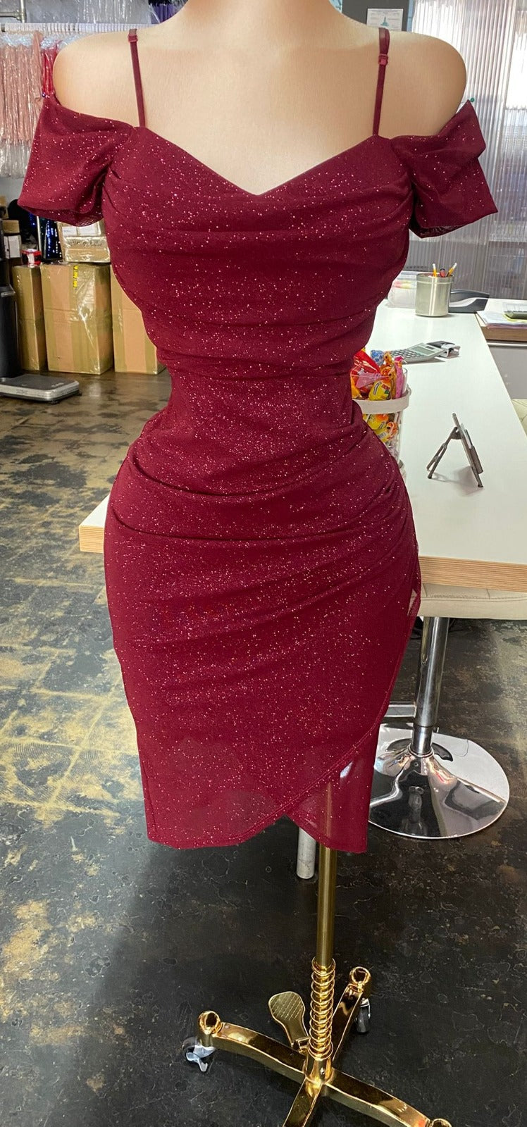 Rose Off the Shoulder Glitter Dress