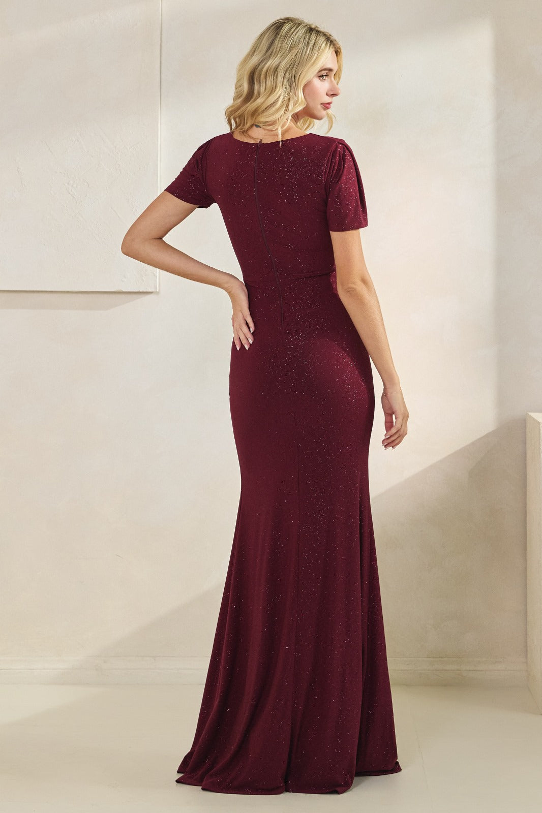 Tiana Puff Sleeve Glitter Sweetheart Neck Gown w/ Side Slit