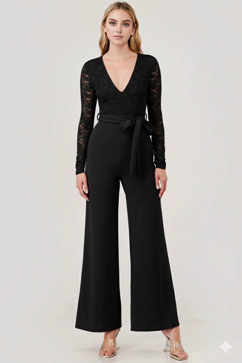 Linda Lace Long Sleeve V Neck Belted Jumpsuit