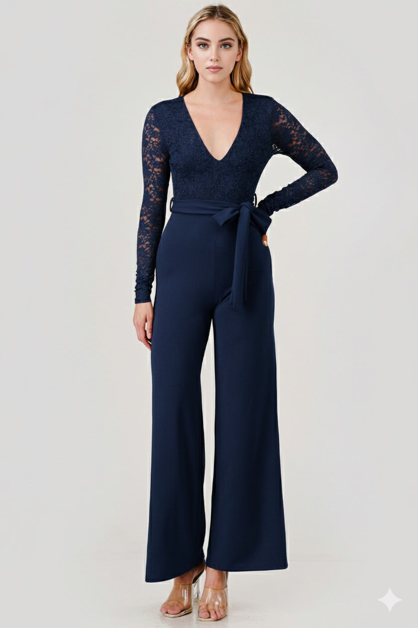 Linda Lace Long Sleeve V Neck Belted Jumpsuit