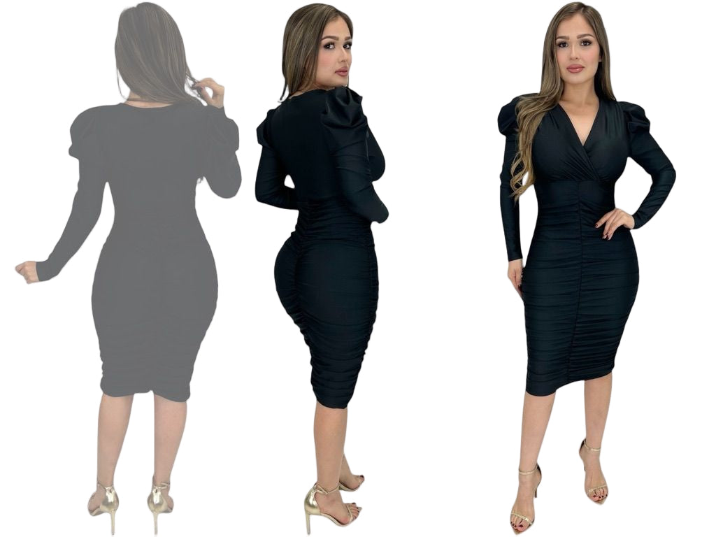 Yadira Long Puff Sleeve Ruched Midi Dress