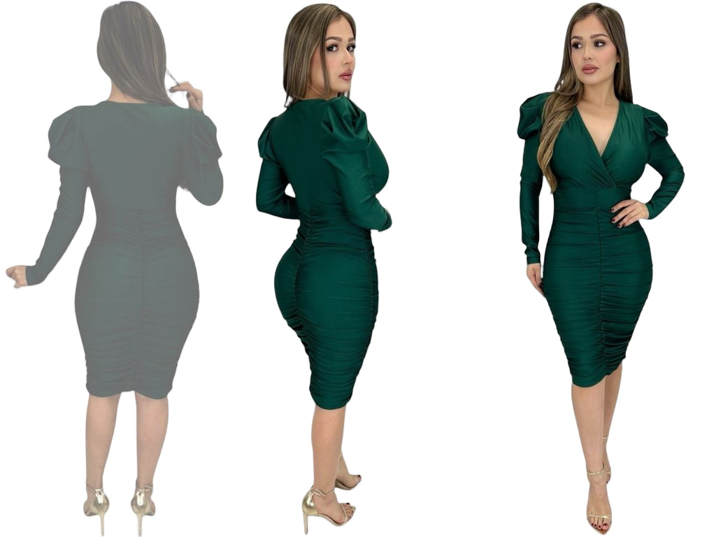 Yadira Long Puff Sleeve Ruched Midi Dress