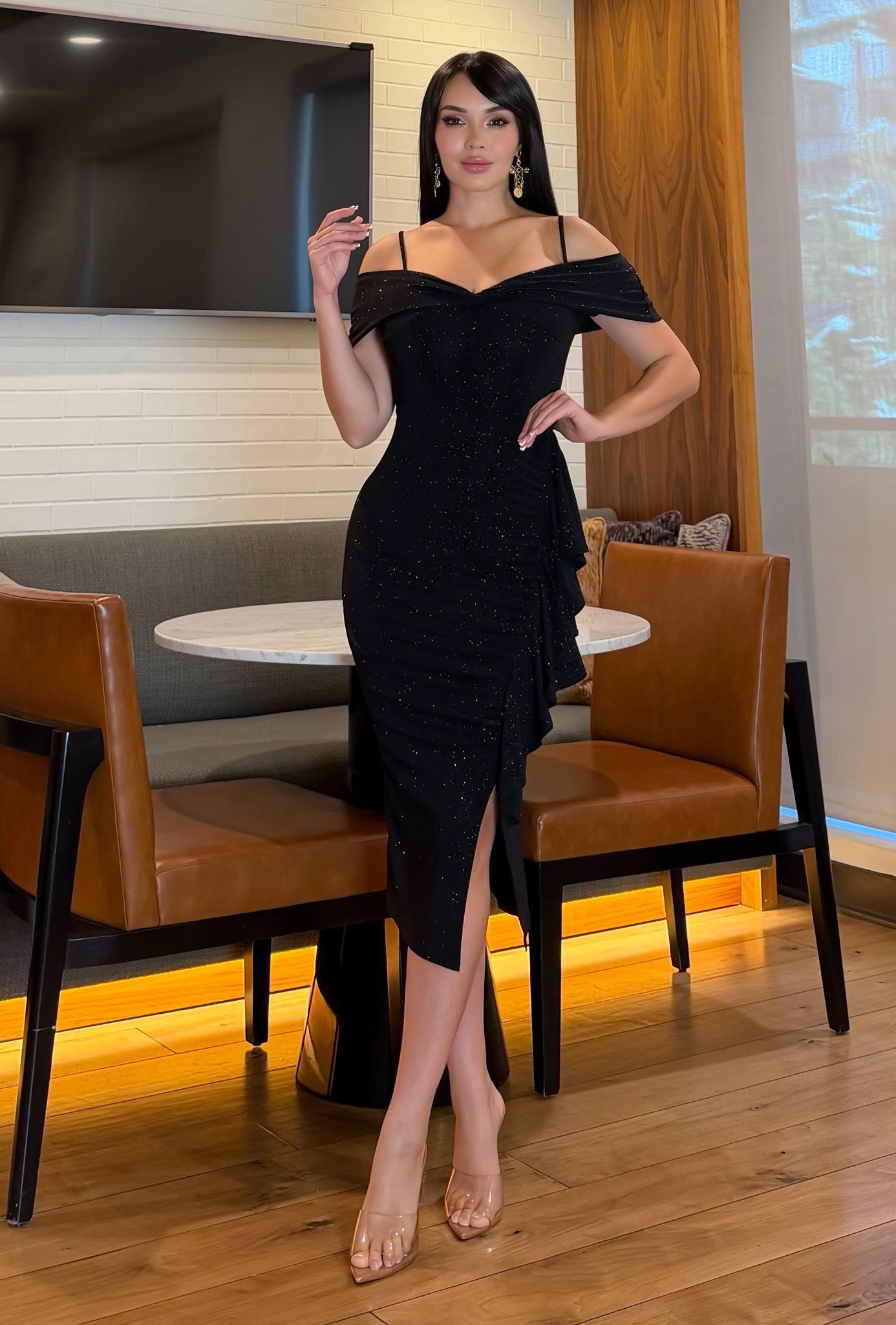 Amalia Glitter Off Shoulder Midi Dress